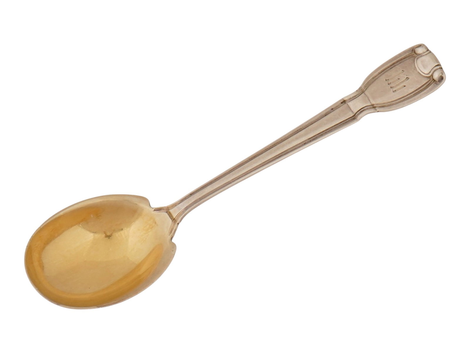 TIFFANY AND CO GILT STERLING SILVER TEA SPOON: A vintage sterling silver teaspoon by Tiffany and Co. Gilt bowl. The tip of the handle is engraved with monogram LL. Marked Tiffany and Co. Sterling M Pat on the backside. Collectible Silverware, Flat