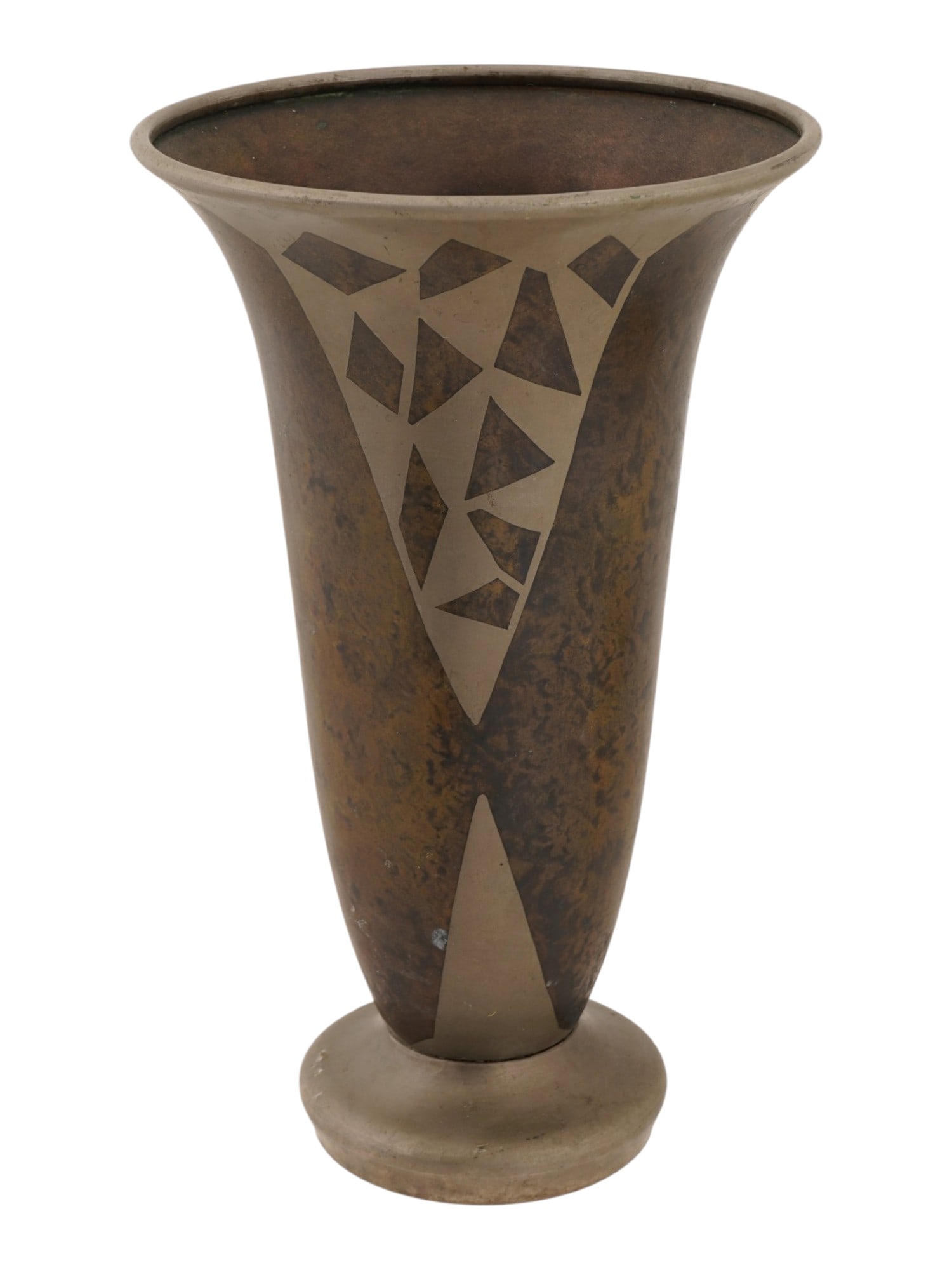 1920S JACQUES DOUAU FRENCH ART DECO SILVER BRASS VASE: A French Art Deco dinanderie vase, produced by Jacques Douau circa 1920s. The ware features a flared silhouette standing on a circular stepped base. The exterior is executed in a patinated brass,