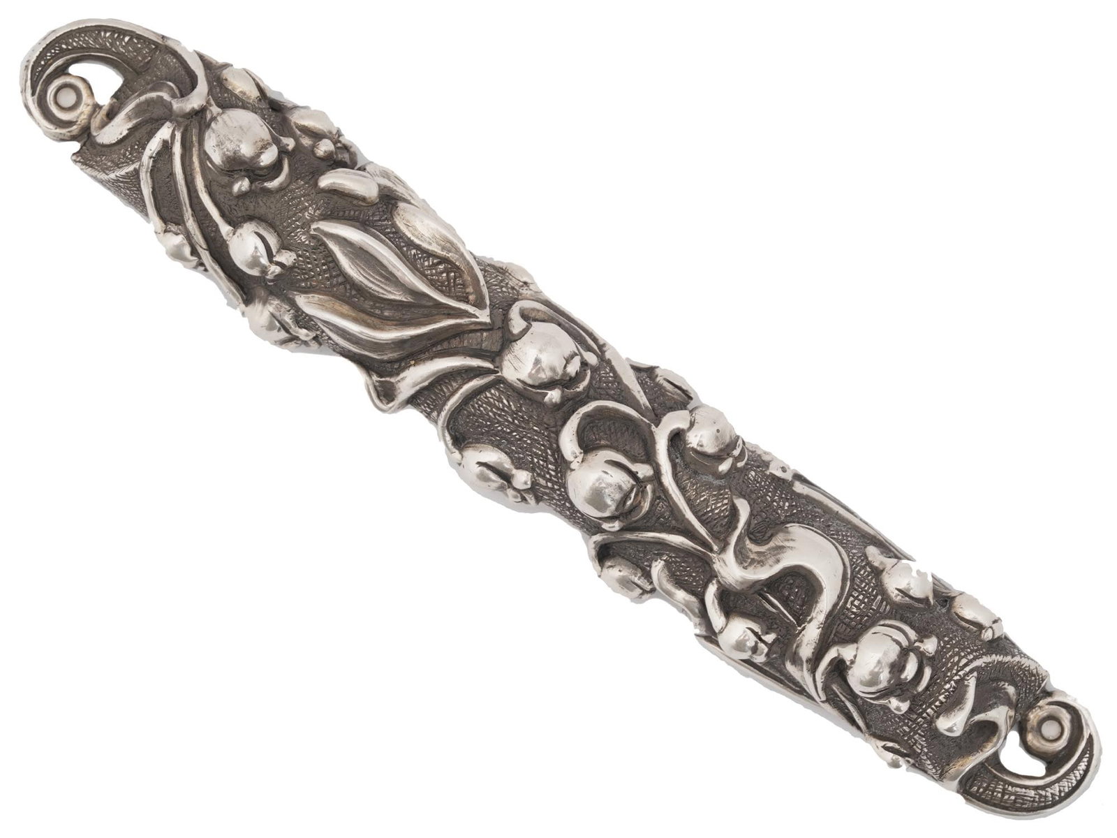 RUSSIAN 84 SILVER EMBOSSED FLORAL DESIGN MEZUZAH: A Russian Judaica 84 silver mezuzah. The mezuzah is decorated with an embossed lilies of the valley floral pattern. Marked with a Russian standard 84 silver hallmark and other Assay marks. Weight: 55