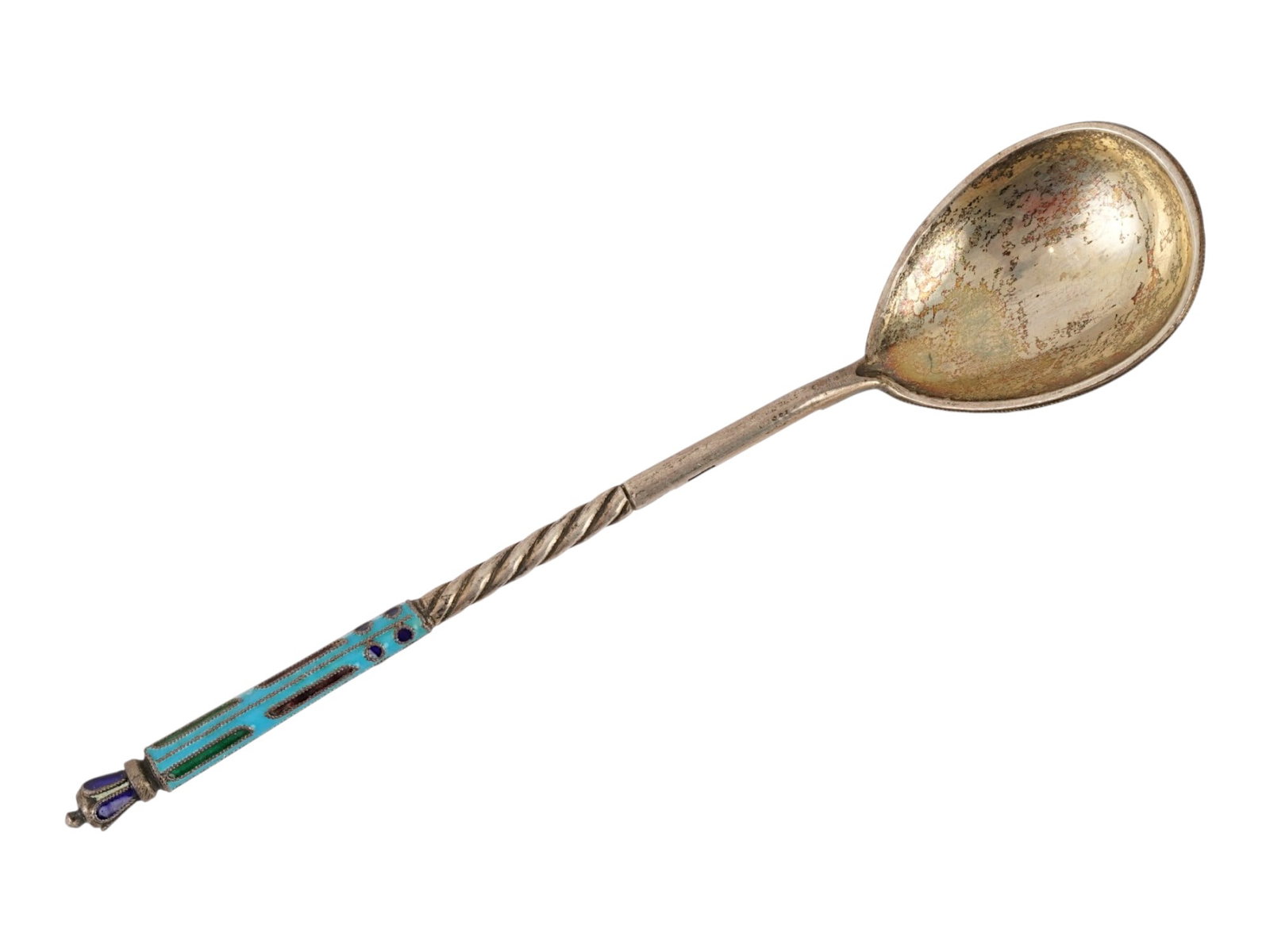 RUSSIAN GILT SILVER CLOISONNE ENAMEL TEA SPOON: A Russian gilt silver tea spoon decorated with polychrome cloisonne enamel featuring floral scrollwork, geometric motifs, and turquoise bead borders. The handle is accented with multicolored enamel