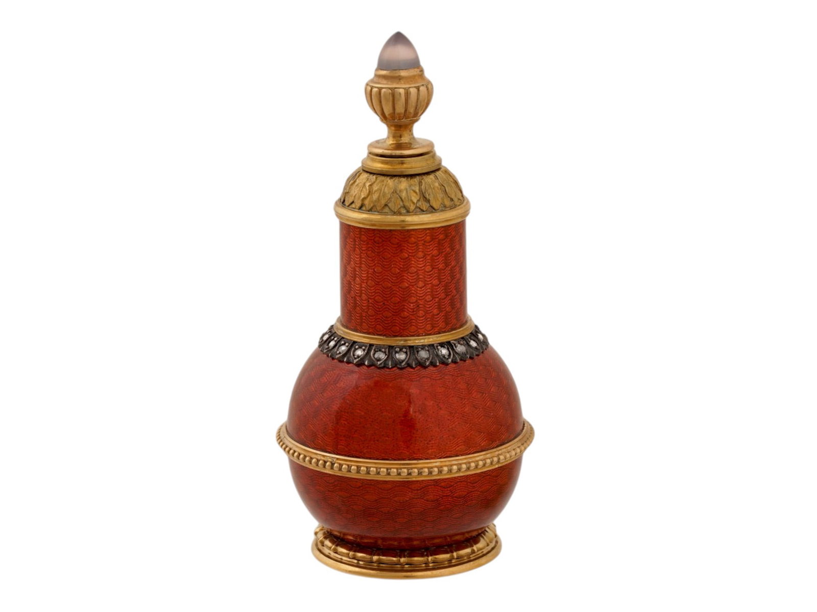 RUSSIAN SILVER GUILLOCHE ENAMEL PERFUME BOTTLE: A Russian gilt silver perfume bottle. Bottle shape. Red guilloche enamel surface. A row of crystals encompasses the body. Gemstone finial. Hallmark of 84 silver standard and makers mark are on the bot