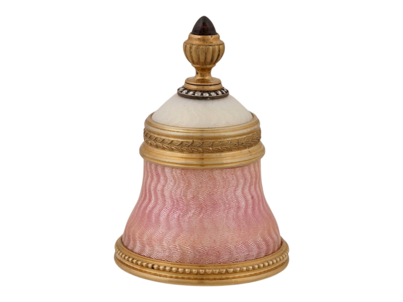 RUSSIAN SILVER GUILLOCHE ENAMEL PERFUME BOTTLE: A Russian gilt silver perfume bottle. Taper shape. Light pink and white guilloche enamel surface. A row of crystals encompasses the top. Gemstone finial. Hallmark of 88 silver standard and makers mark