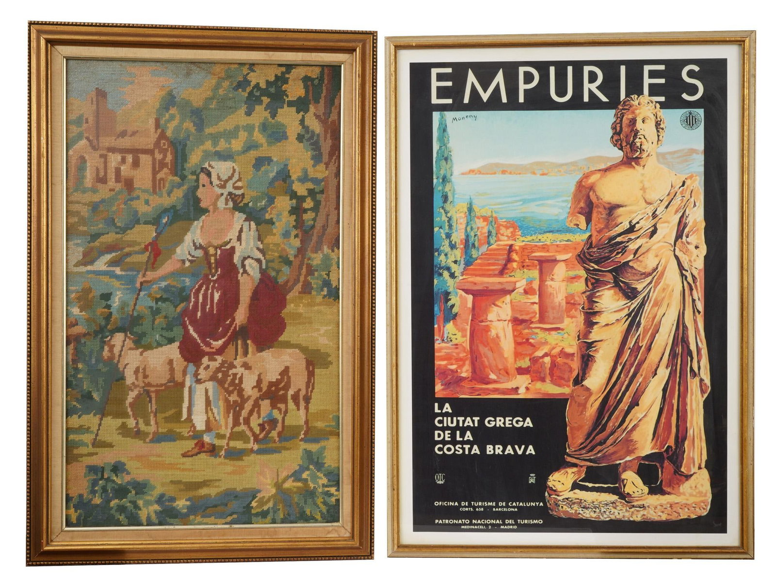 VINTAGE TAPESTRY AND TRAVEL POSTER FROM 1933: A vintage tapestry titled The Shepherdess and Her Sheep and a vintage travel poster. The poster from 1933 promoting the ancient Greek city of Empuries on the Costa Brava created by Spanish artist Enri
