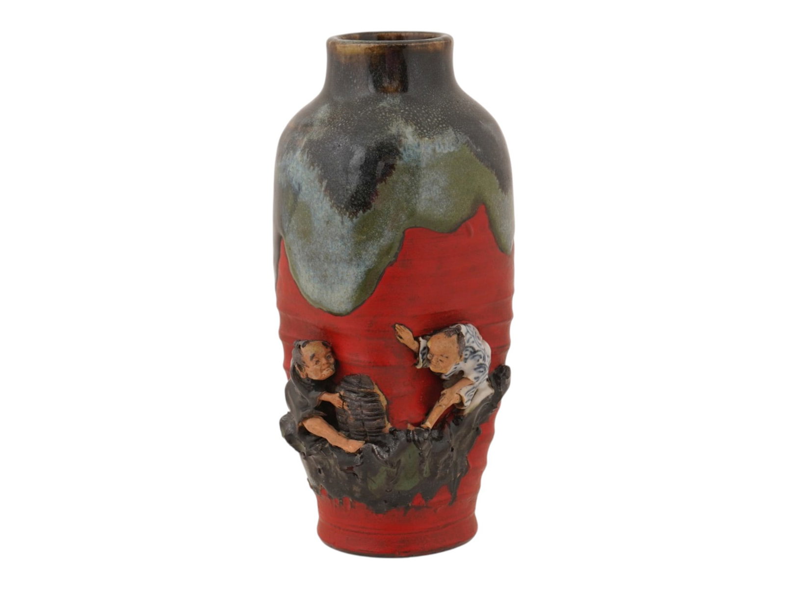 ANTIQUE JAPANESE MEIJI ERA SUMIDA GAWA POTTERY VASE: An antique Japanese Sumida Gawa pottery vase, late Meiji period, circa early 20th century. The matte vermillion-red ground bears a thick, multi-colored drip glaze, embellished with applied three-dimen