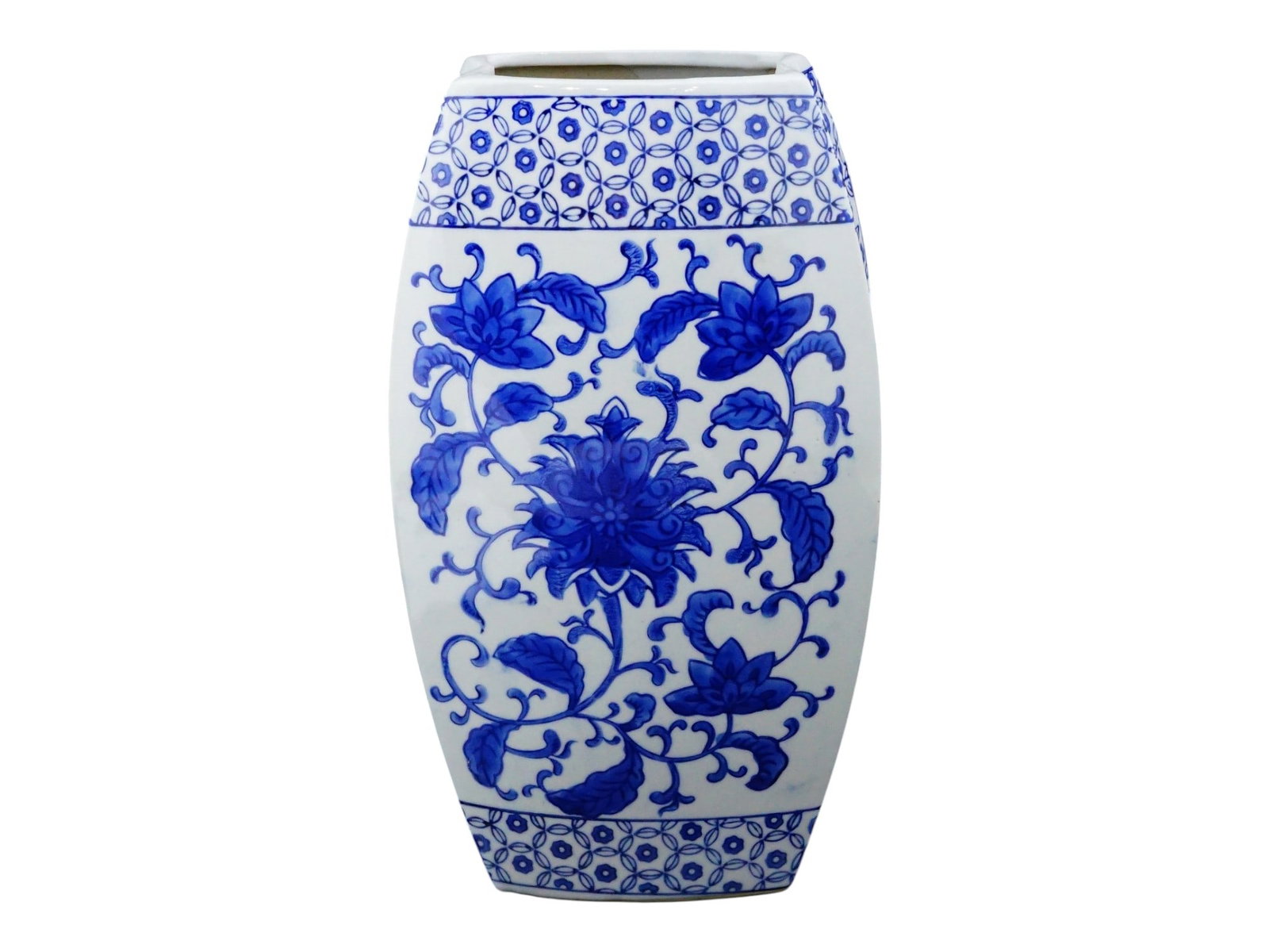VINTAGE CHINESE BLUE AND WHITE PORCELAIN FLATTENED VASE: A vintage Chinese blue and white porcelain flattened vase, referencing traditional imperial Chinese ceramics. The body features a stylized lotus scroll motif, symbolic of purity and longevity since th