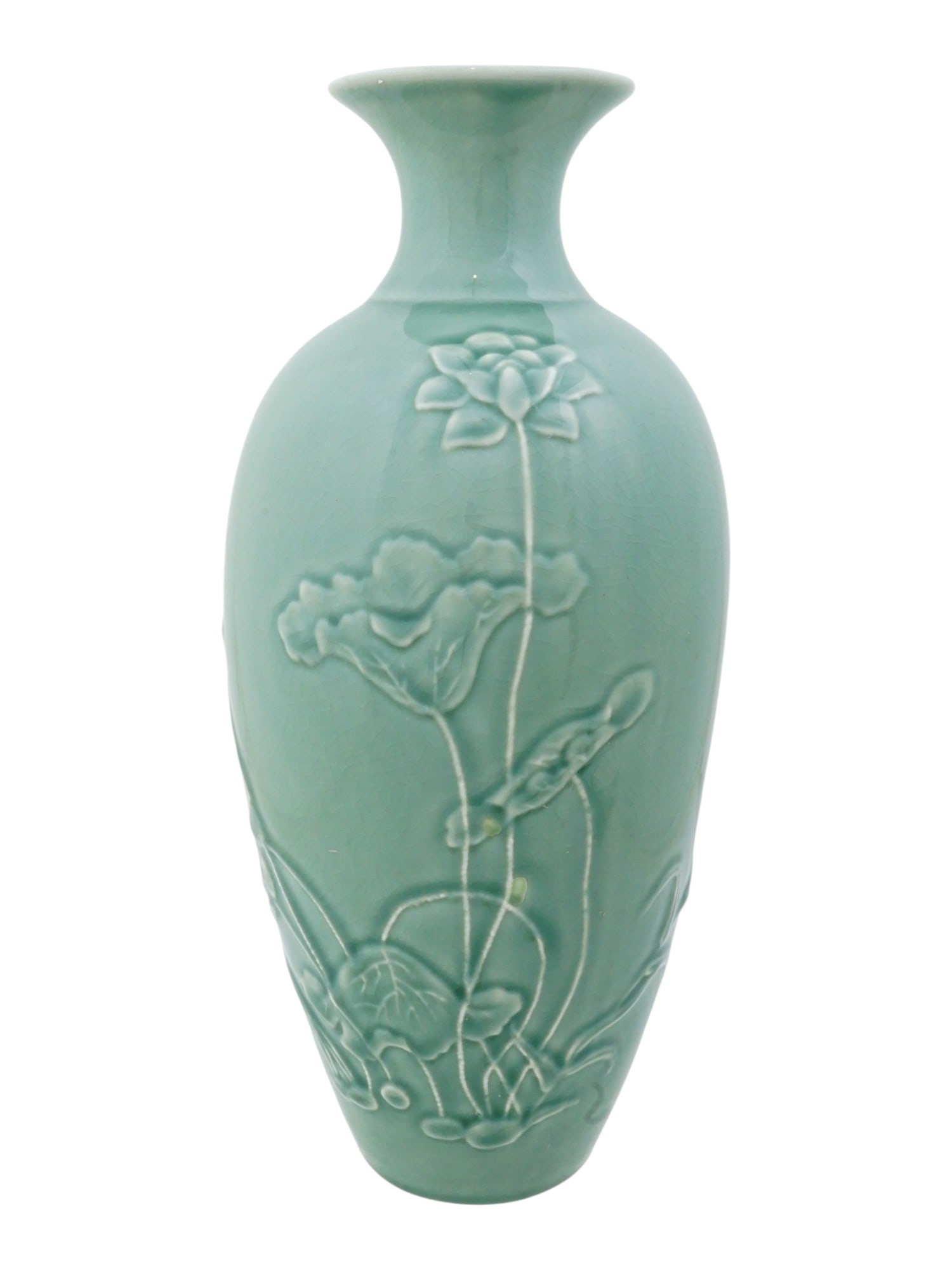 VINTAGE CHINESE CELADON EMBOSSED LOTUS CERAMIC VASE (1 of 8)