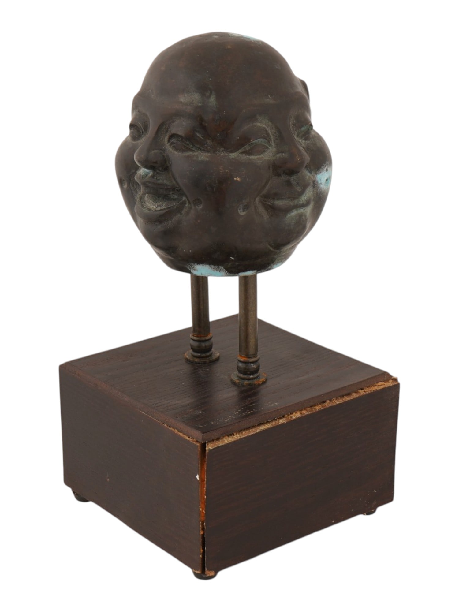 VINTAGE CHINESE BRONZE FIGURINE OF FAT BUDDHA: A vintage Chinese cast bronze sculpture, the four-faced head of Hotei, also known as Budai or Fat Buddha, a Chinese monk who became a popular Buddhist saint. Each face of Hotei expresses a different e