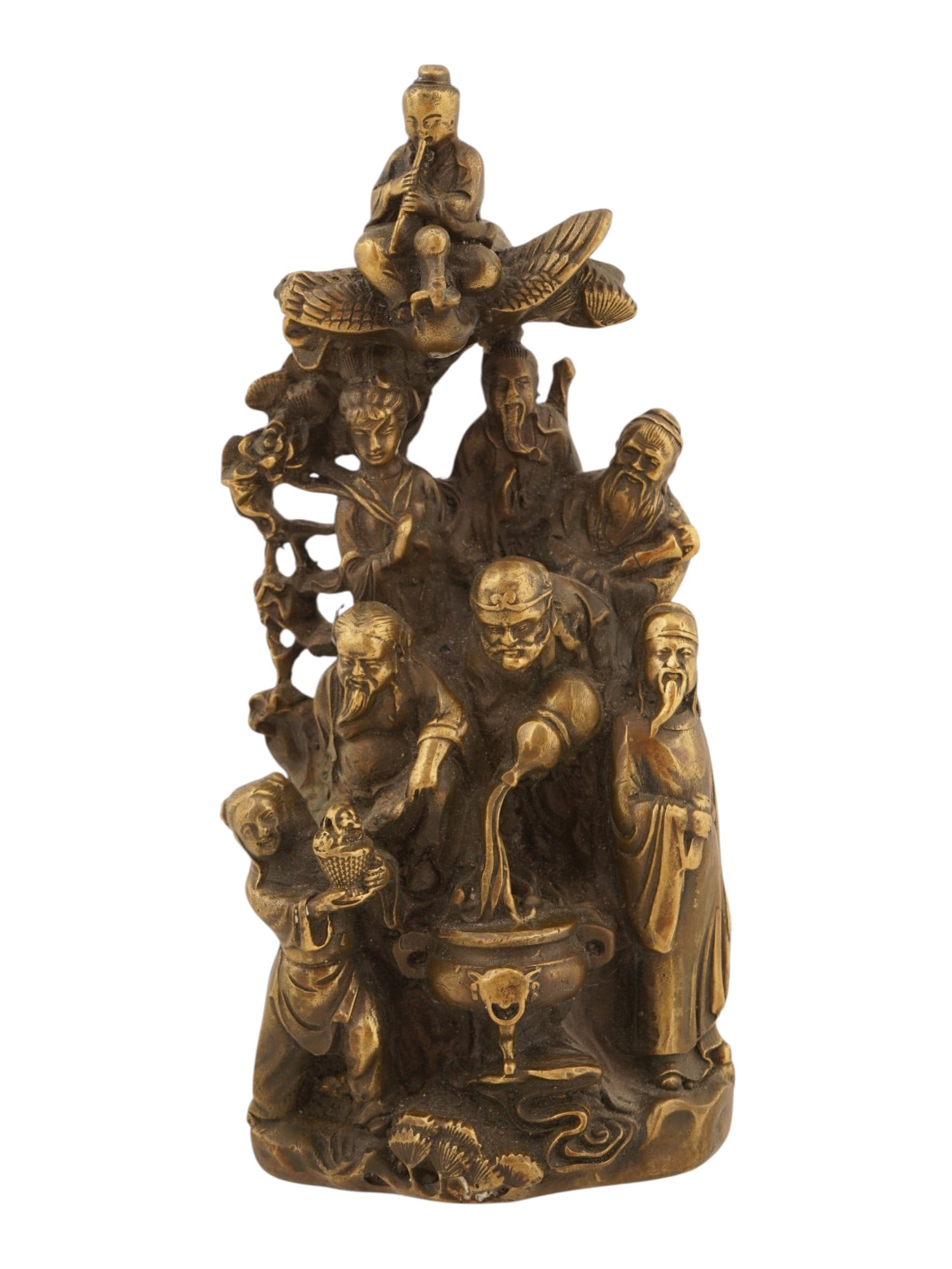 VINTAGE CHINESE BRONZE SCULPTURE THE EIGHT IMMORTALS: A vintage Chinese cast bronze sculpture depicting the Eight Immortals from Daoist mythology. The detailed composition features the Immortals gathered around a ceremonial cauldron, each holding traditi