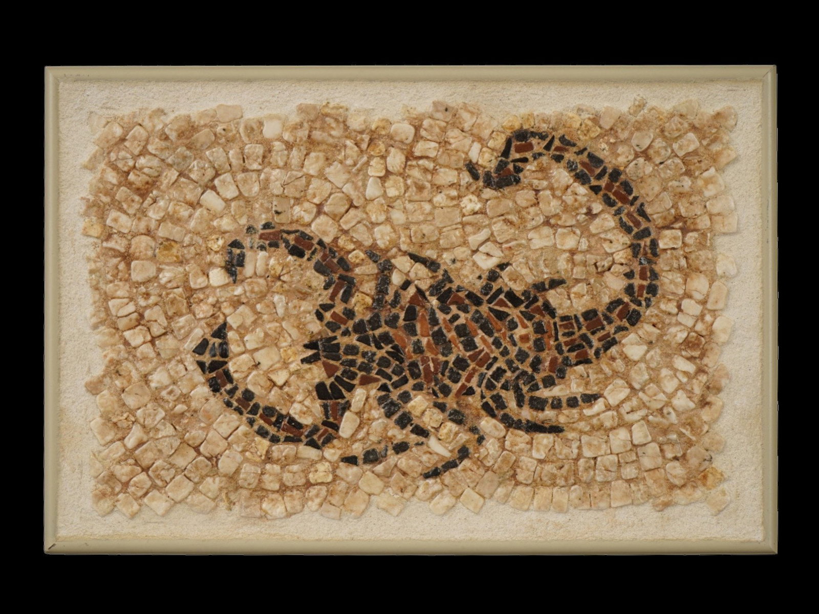 ANCIENT ROMAN EMPIRE MOSAIC OF A SCORPION: An ancient Roman mosaic artwork composed of tesserae pieces. Imperial era, ca. 100 to 300 AD. The piece represents a scorpion. Framed. Historical Collectibles And Archaeological Relics, Applied Arts, 