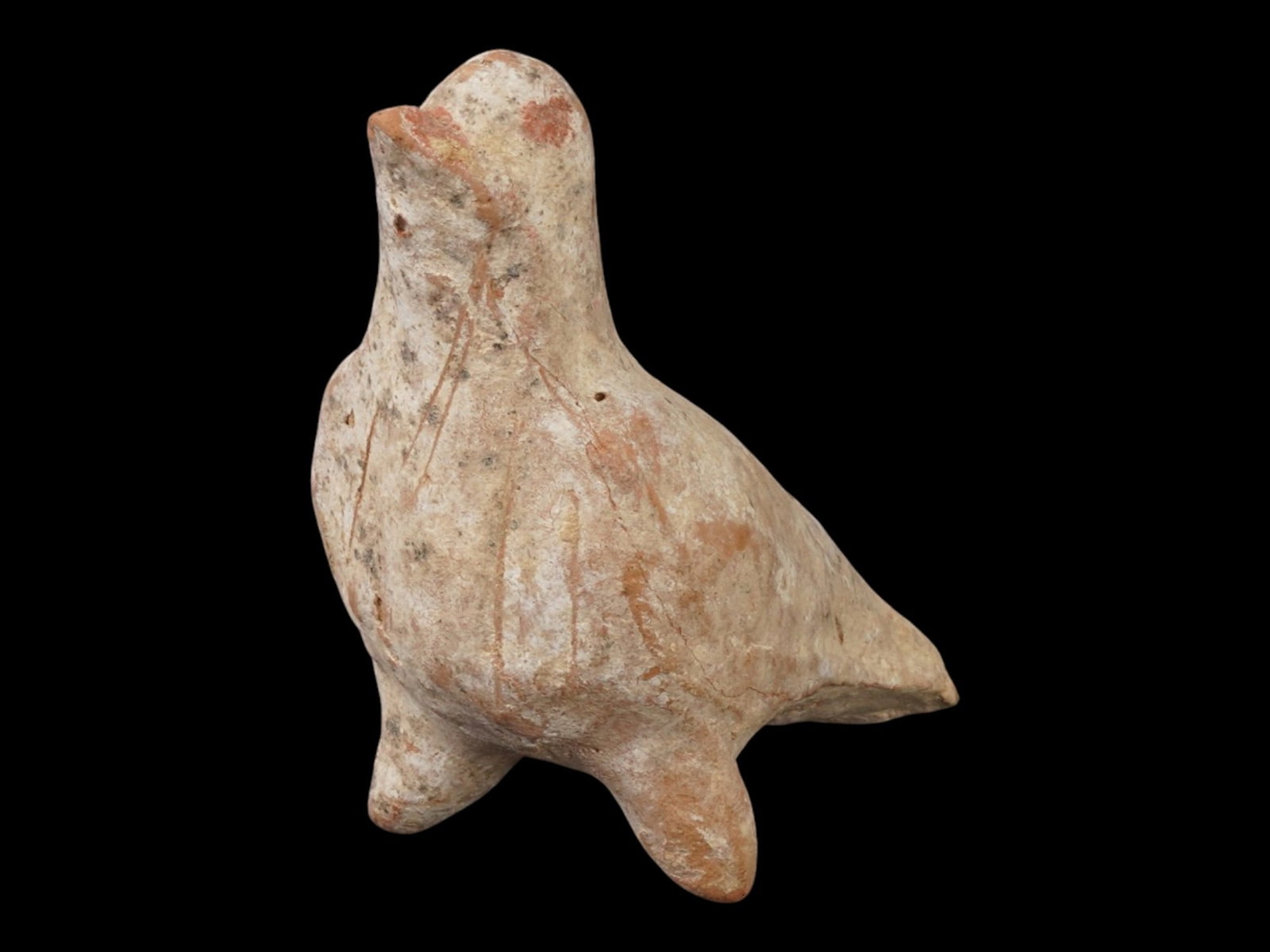 ANCIENT ROMAN TERRACOTTA BIRD FIGURE 100 TO 300 AD: An ancient Roman terracotta pottery figurine, dating from approximately 100 to 300 AD. The figurine features a stylized avian form with an upright head and a rounded body. The figure is supported by t
