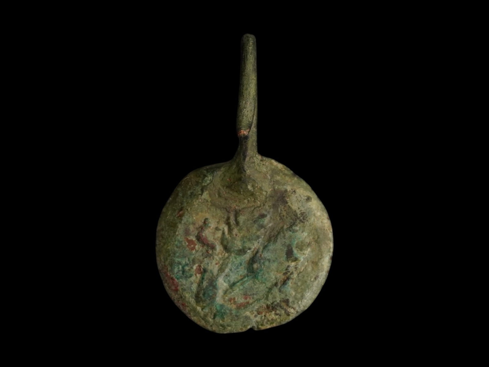 ANCENT JUDAICA BRONZE COIN EARRING 100 TO 200 AD: An ancient Judaica bronze coin, originating from the Roman period between 100 and 200 AD, is fashioned as an earring featuring a simple integrated hook. The ware is adorned with engraved motifs. Numis