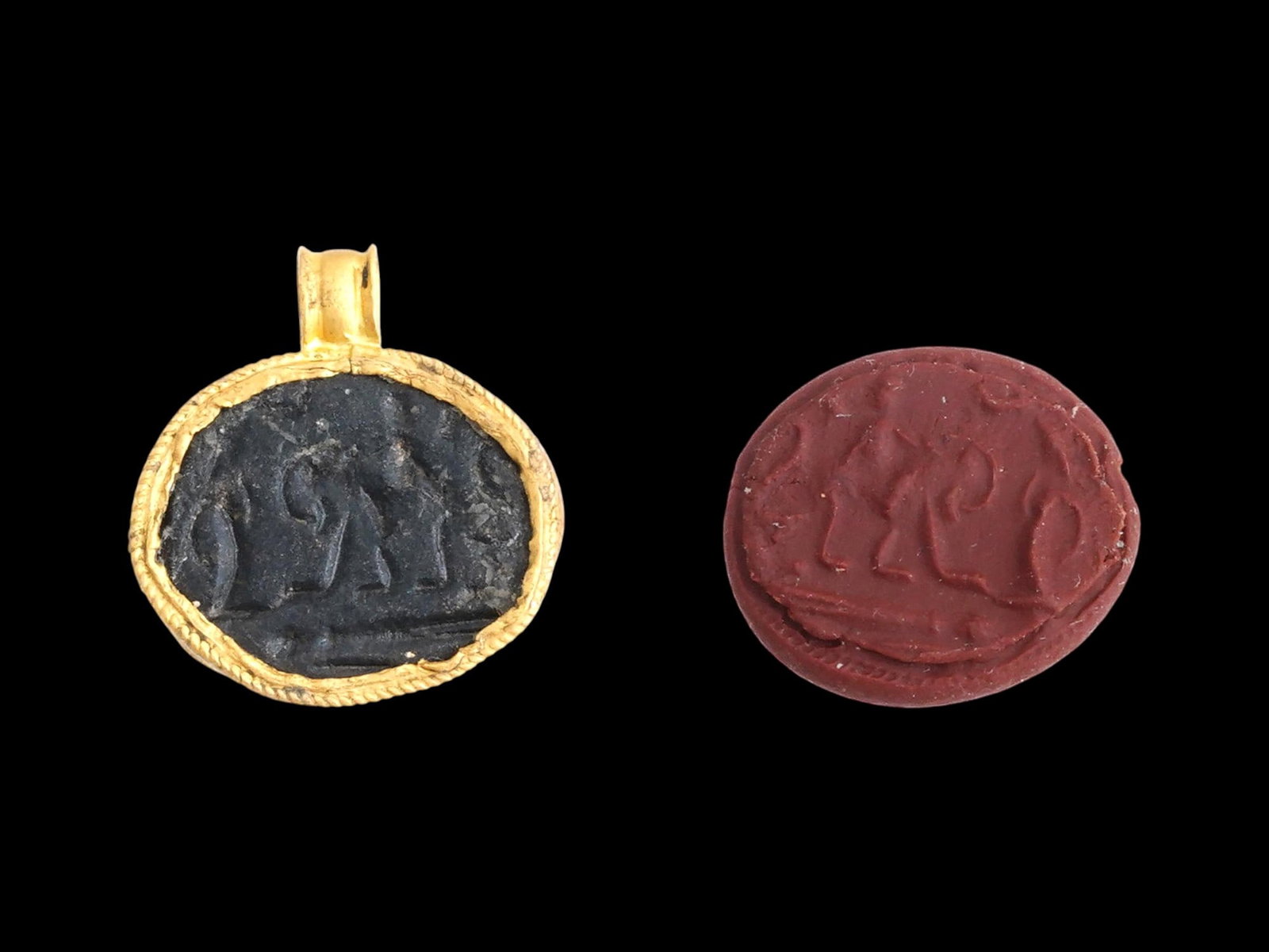 ANCIENT ROMAN GOLD AND BRONZE INTAGLIO 100 TO 300 AD: An ancient Roman pendant crafted in gold and bronze, dating to approximately 100 to 300 AD. The piece features an engraved central image representing a scene with a woman riding an animal facing a tre