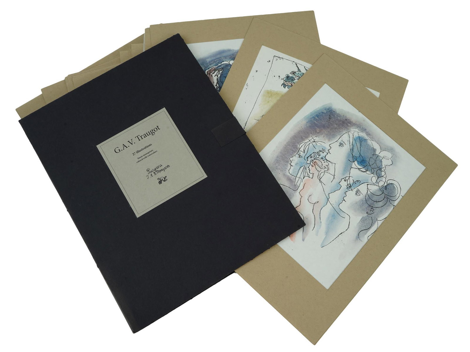 GAV TRAUGOT HAND COLORED BOOK ILLUSTRATIONS SET: A collection of 27 book illustrations in black paper portfolio, 1999 to 2000. Linear monoprints hand colored with watercolor. The brothers Alexander Georgievich Traugot and Valery Georgievich Traugot 
