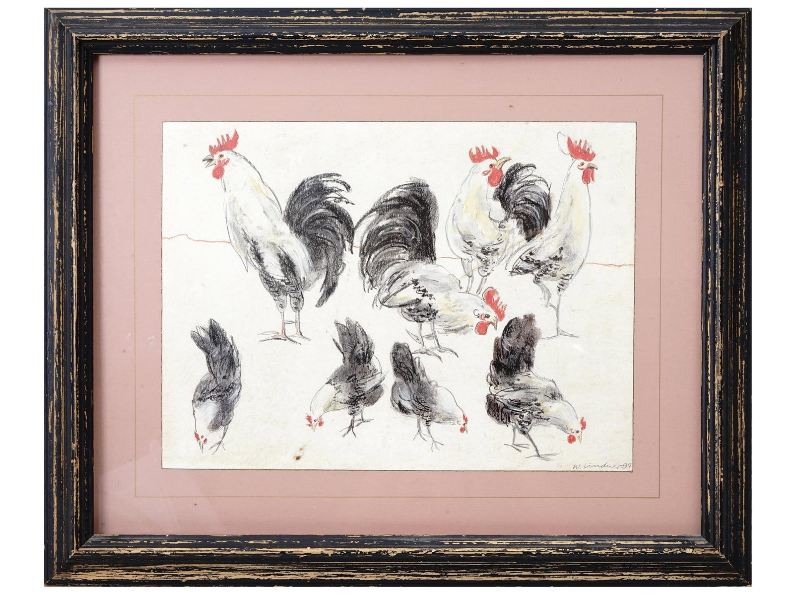 FRAMED 1990S ART PRINT OF ROOSTERS BY W. LINDNER: A print of a charcoal and pastel on paper drawing. The artwork is a sketch of roosters and chicken. Signed by the artist, W. Lindner and dated 1997 in the lower right. Crate and Barrel label on the ba