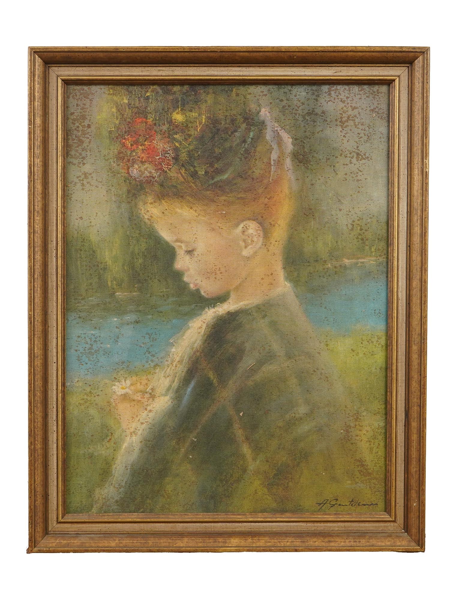 VINTAGE TEXTURED PRINT ON CANVAS BY ARMANDO GENTILINI: A vintage textured print on canvas on board, titled Precious, by artist Armando Gentilini. The artwork depicts a portrait of a young girl executed in the Impressionist style. Signed lower right. Paper