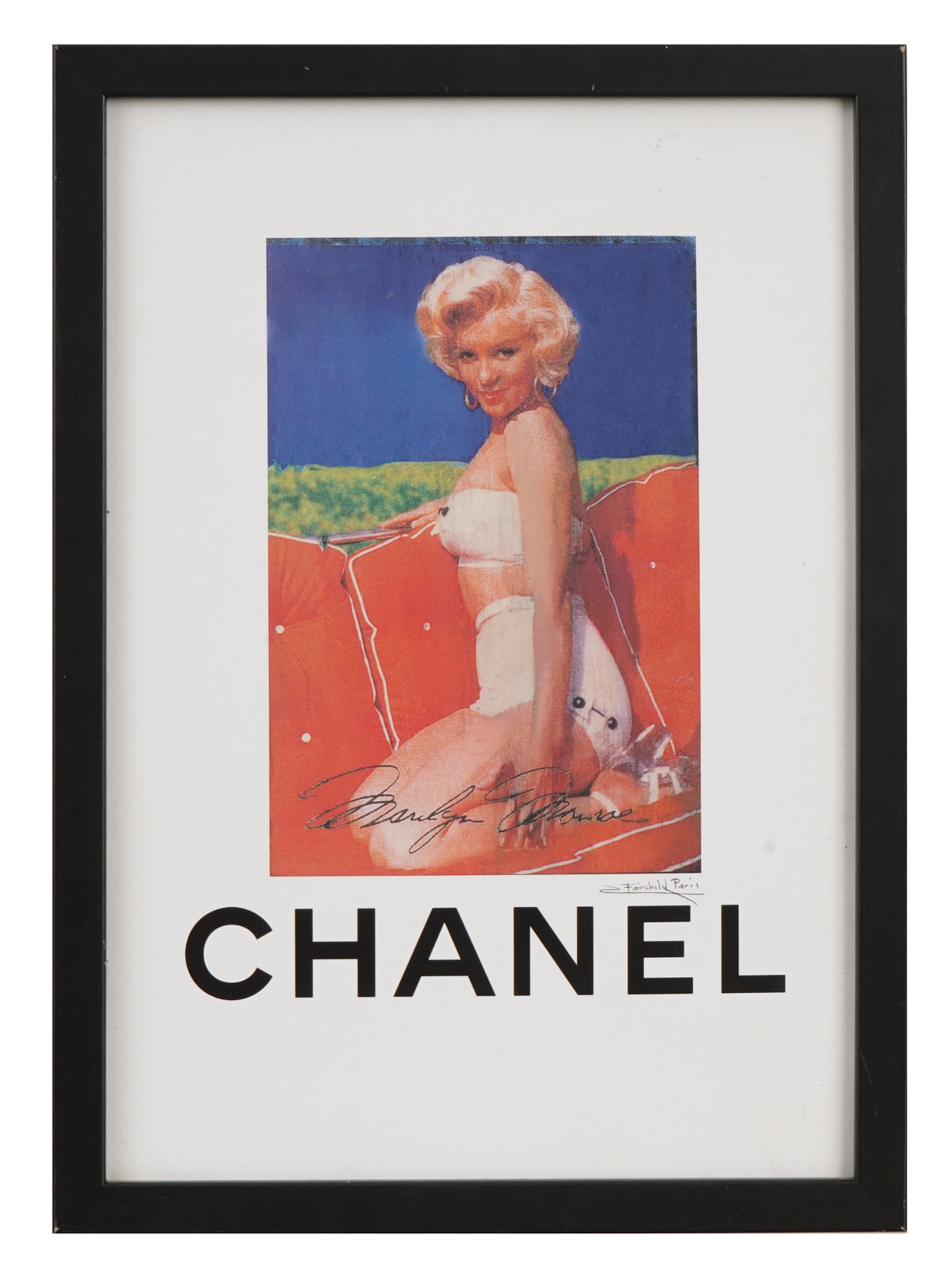 AMERICAN PRINT MARILYN MONROE BY FAIRCHILD PARIS: An American pop art print titled Gabrielle Chanel Paris by Fairchild Paris, featuring an iconic image of Marilyn Monroe paired with classic Chanel branding. Signed. Blending Hollywood glamour with lux