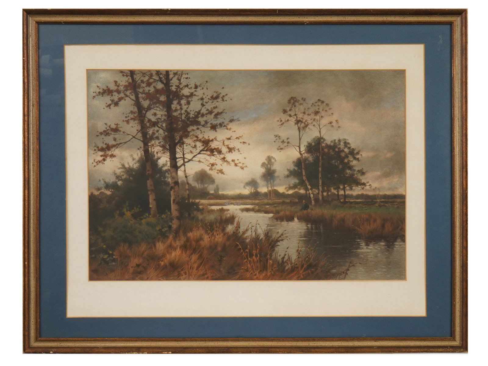 MID CENTURY LITHOGRAPH OF MARSHLAND LANDSCAPE SCENE: A vintage chromolithograph on paper depicting a tranquil marshland landscape, dating to the late 19th or early 20th century. Signed. The composition features a winding stream bordered by reeds and aut