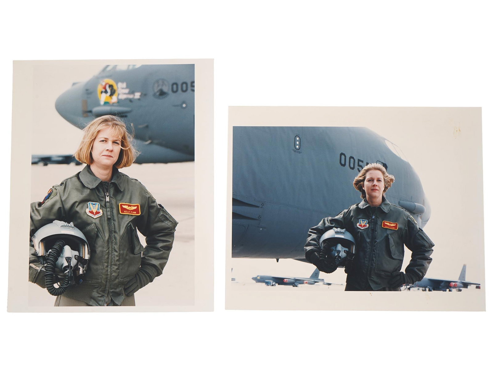 VINTAGE AMERICAN PHOTOS KELLY FLINN B 52 PILOT 1997: Two vintage American photos depicting Kelly Flinn, a former B-52 pilot in the United States Air Force and the first female pilot to serve in that capacity, taken by Terry Gydesen in 1997. Include cred