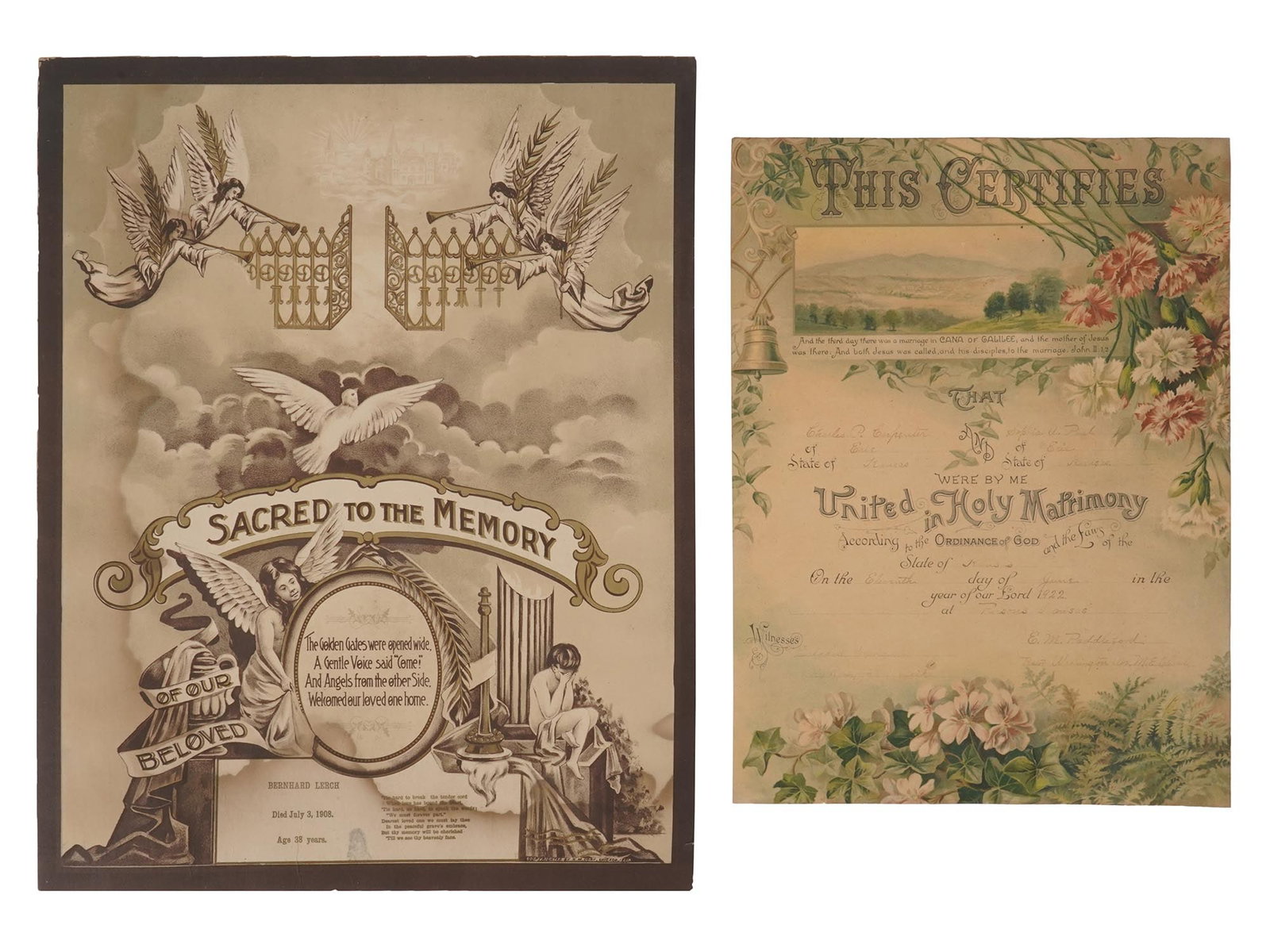 ANTIQUE AMERICAN MARRIAGE AND DEATH CERTIFICATES: An antique American printed mourning certificate issued in 1908 and an antique American marriage certificate from 1922 with the handwritten names and additional information. Antique Documents And Hist