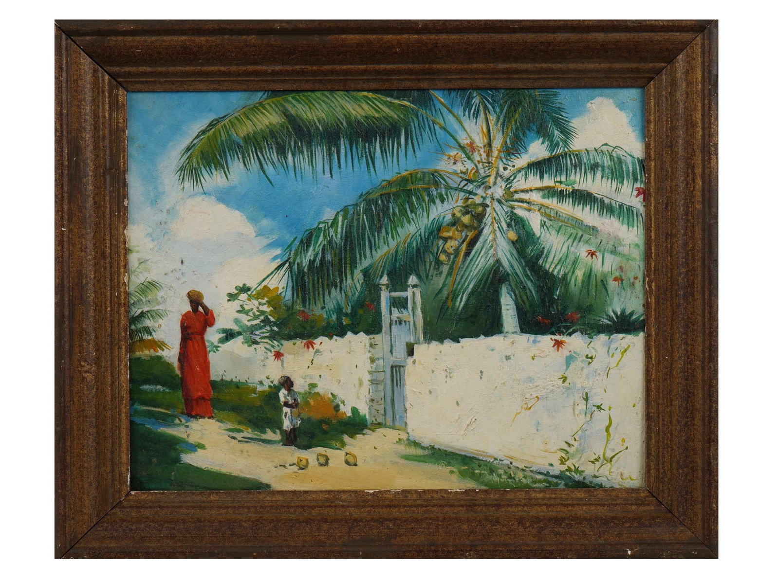 AMERICAN SCENE OIL PAINTING AFTER WINSLOW HOMER: An oil painting on wood board depicting an Exotic genre scene in a landscape after the original painting, A Garden in Nassau, 1885 by Winslow Homer, American, 1836 to 1910. Framed. Winslow Homer is re