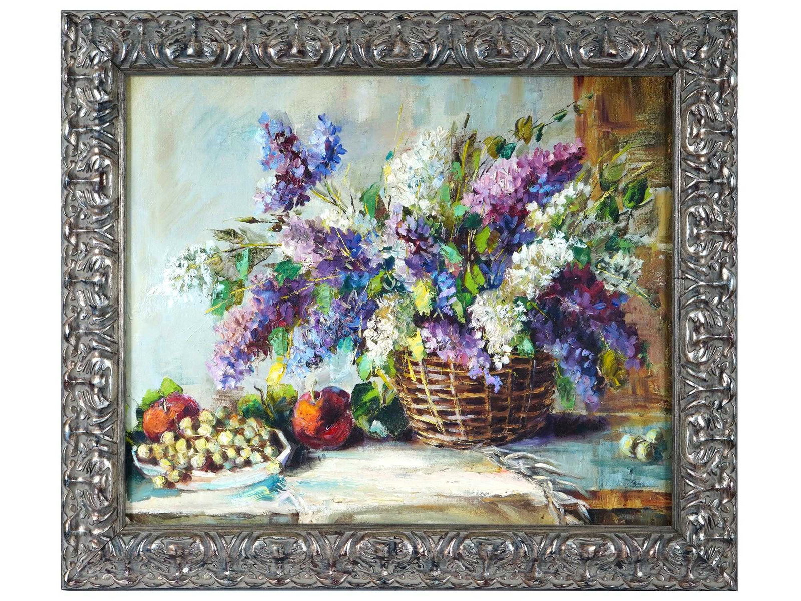 CONTEMPORARY STILL LIFE PAINTING BY A. MIRILASHVILI: A contemporary oil painting on canvas, depicting a still life composition with an array of blooming flowers. The artist, A. Mirilashvili, brings a modern sensibility to the classical still life genre 