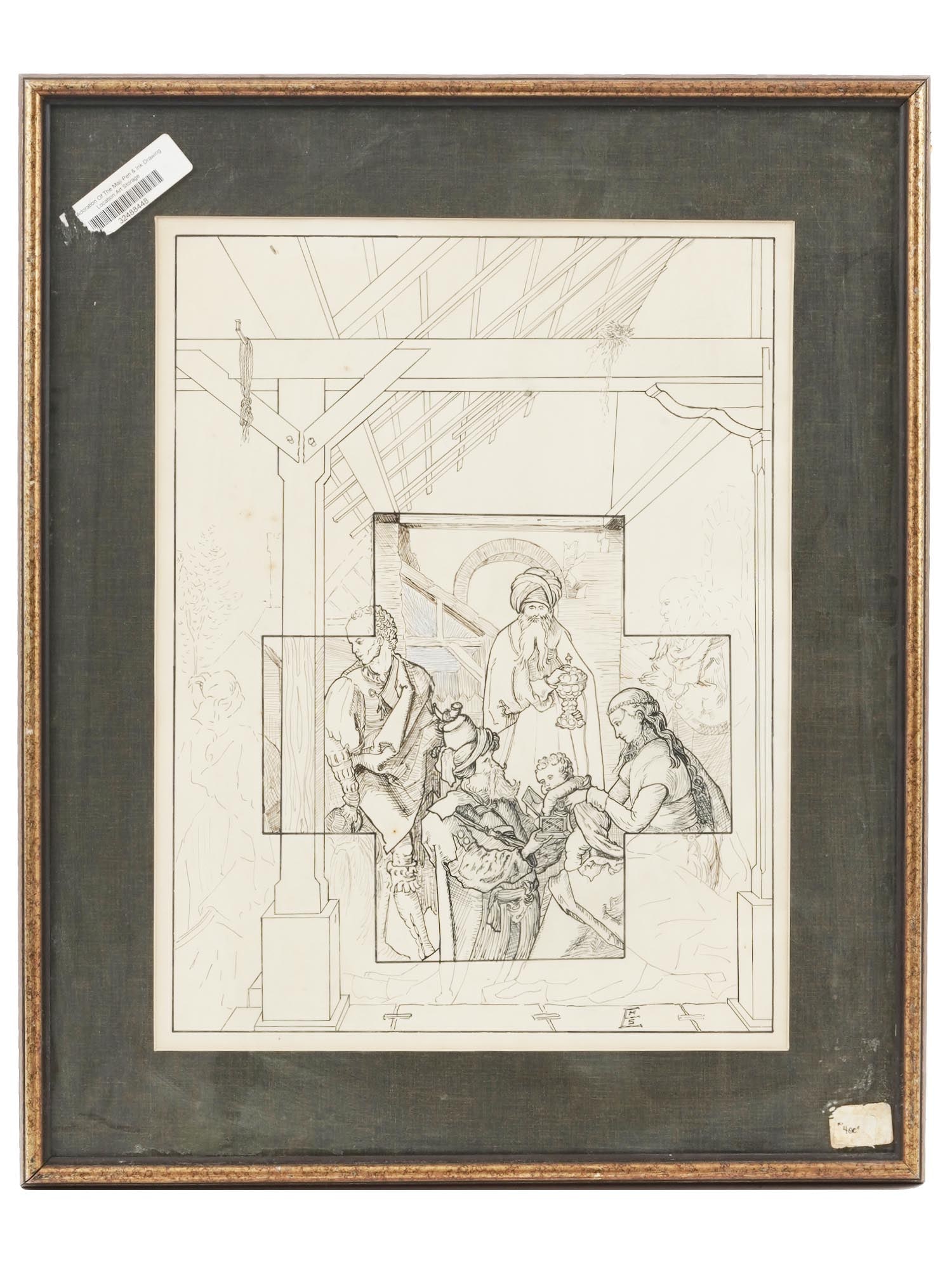 MID CENT INK DRAWING AFTER ALBRECHT DURER SIGNED: Pen and ink on paper drawing. Mid-20th century. After a 1511 woodcut titled The Adoration of the Magi by Albrecht Durer, 1471 to 1528, a German painter and printmaker of the Northern Renaissance. Sign