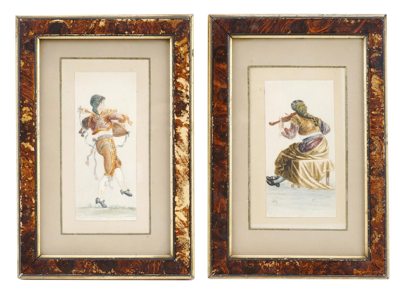 EUROPEAN MUSICIANS WATERCOLOR PAINTINGS SIGNED: A pair of small European School watercolor paintings on paper depicting portraits of Spanish musicians. Each is signed by the artist with initials, BJ, lower left. Both are framed. Circa: the first ha