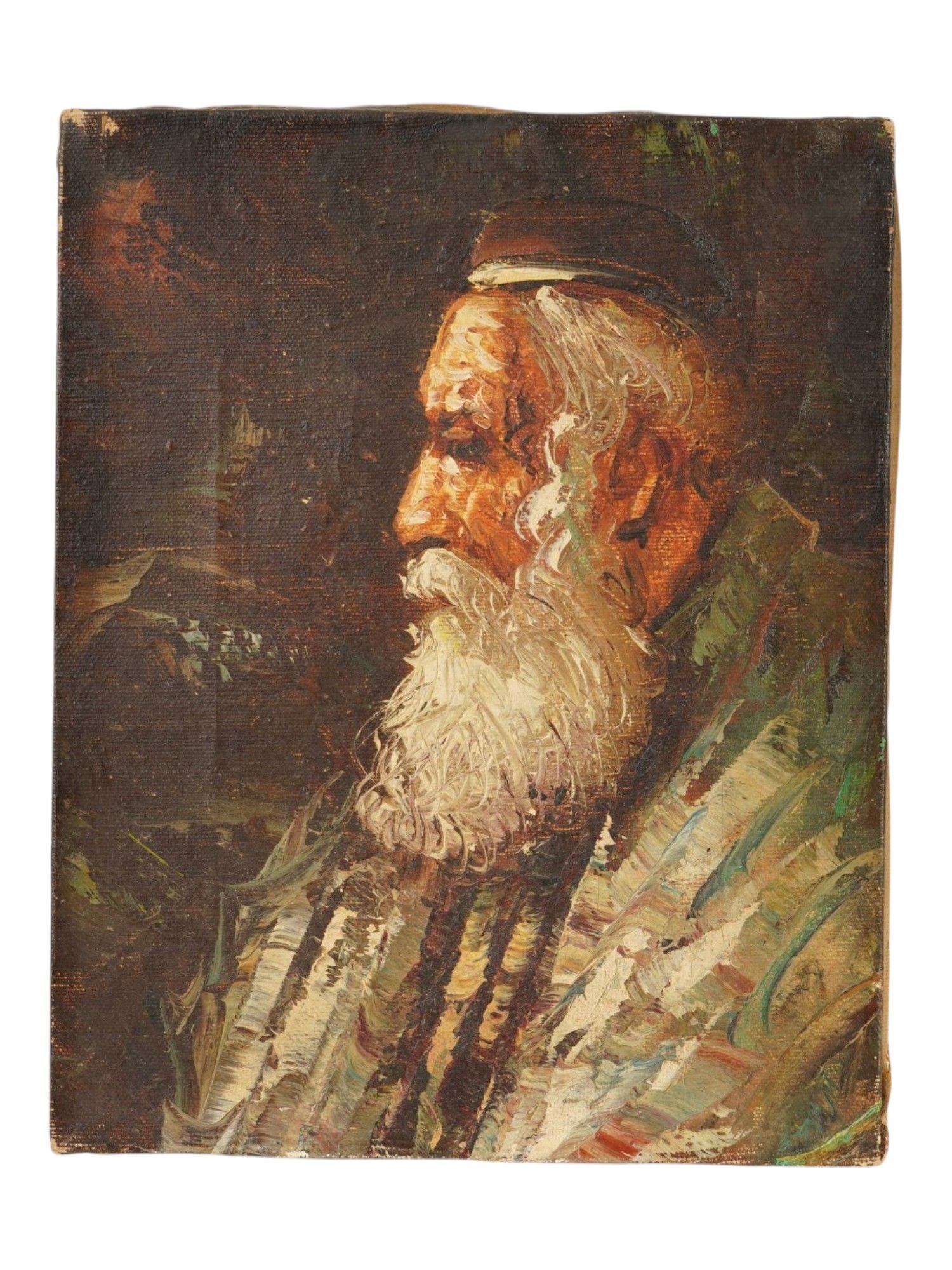 ANTIQUE OIL ON CANVAS JUDAICA PORTRAIT PAINTING: An antique oil on canvas Judaica portrait painting. The painting depicts a profile portrait of an elderly man with a prominent, long white beard and a contemplative expression. Antique and Vintage Jud