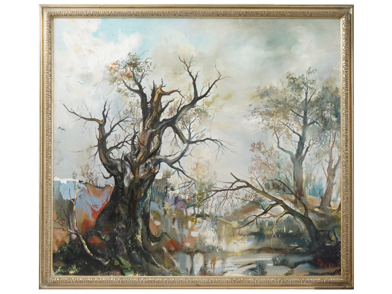 MODERN LANDSCAPE OIL PAINTING SIGNED TURSKI 1981: A modern oil painting on canvas depicting a natural landscape, signed Turski and dated 1981 at the lower right. Framed. Modern Paintings And Art Collectibles. THIS LOT IS ELIGIBLE FOR A 30-DAY UNCONDI