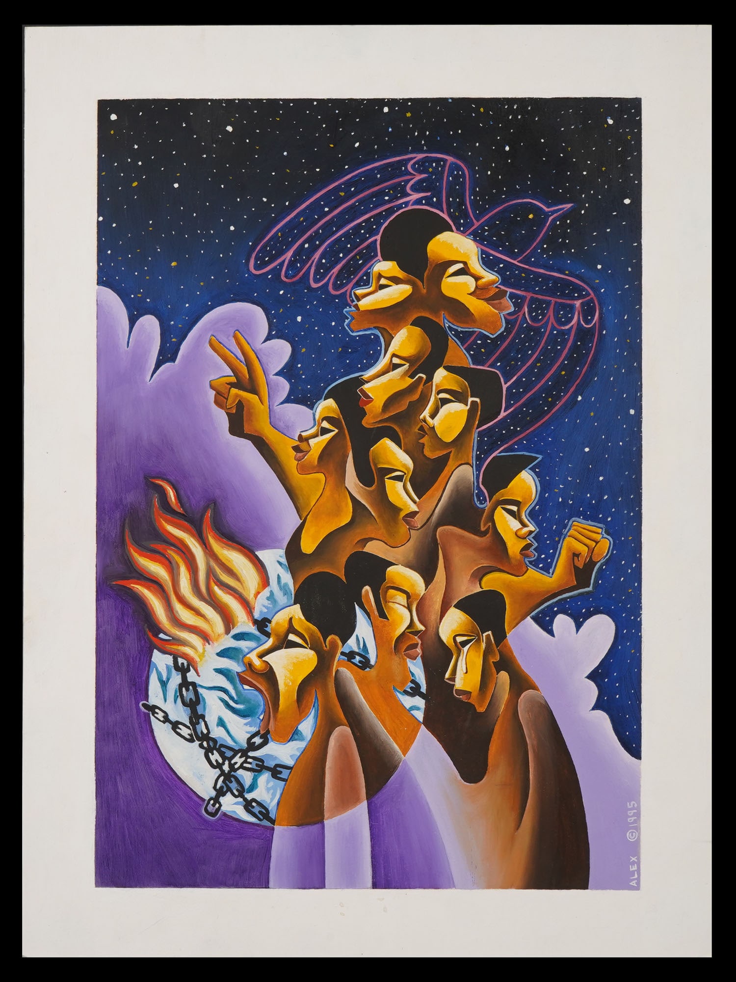 MODERN MIXED MEDIA PAINTING WITH STYLIZED FIGURES: A modern mixed media painting on paper, signed Alex and dated 1995 lower right. The composition features a powerful symbolic arrangement of stylized figures, expressive gestures, and imagery associate