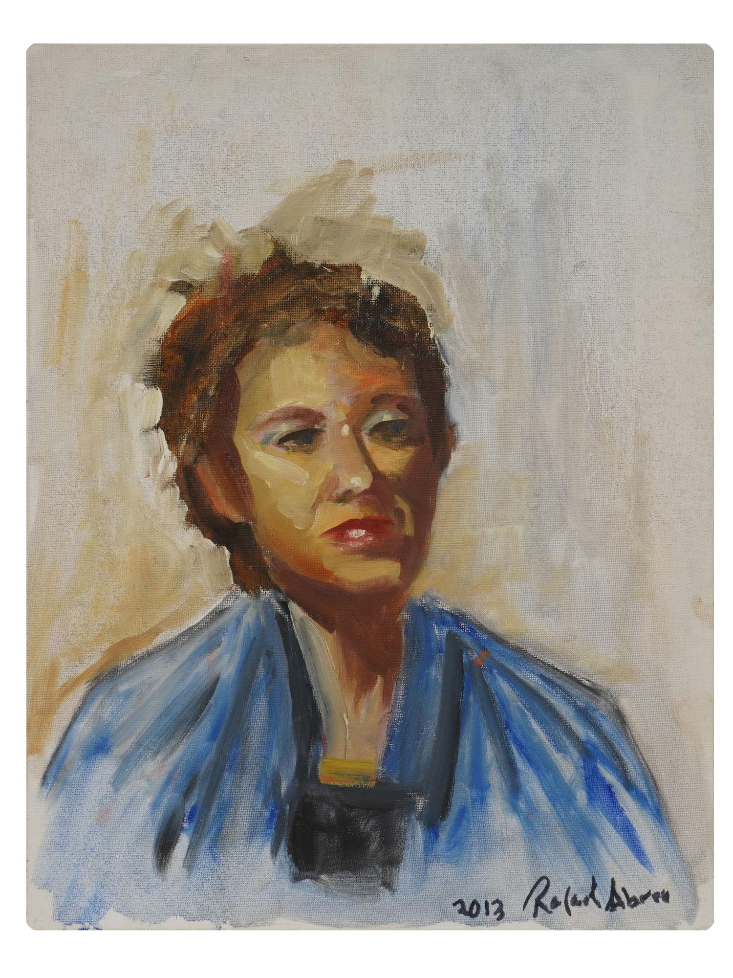 FEMALE PORTRAIT OIL PAINTING SIGNED RAFAEL ABREU: Oil painting on canvasboard. Study of a female bust. Signed, Rafael Abreu, and dated 2013 lower right. Unframed. Collectible Fine Art, Contemporary Painting, Portraiture. THIS LOT IS ELIGIBLE FOR A 30