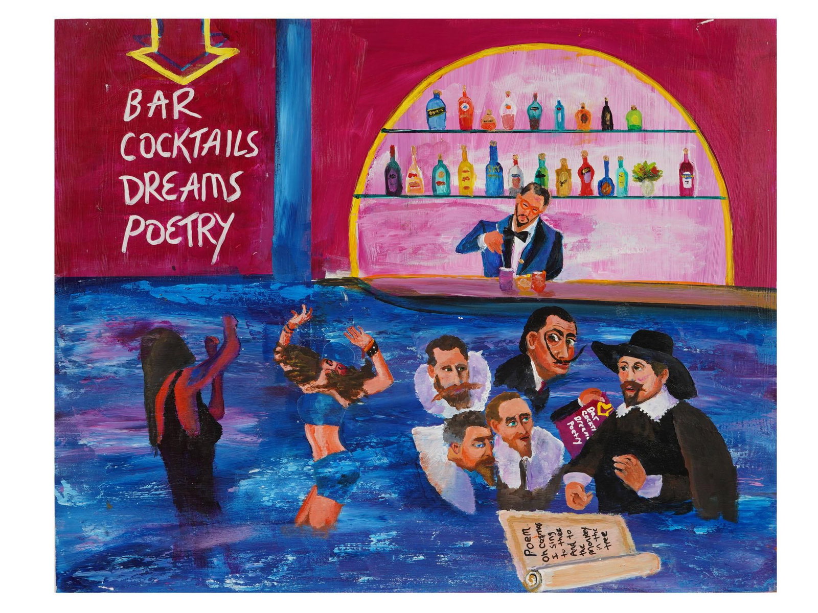 POSTMODERNIST OIL PAINTING SALVADOR DALI AND REMBRANDT: Oil and acrylic painting on board. The piece depicts a club bar with dancing women, a portrait of Salvador Dali, and figures from Rembrandt's 1632 artwork titled The Anatomy Lesson of Dr. Nicolaes Tul