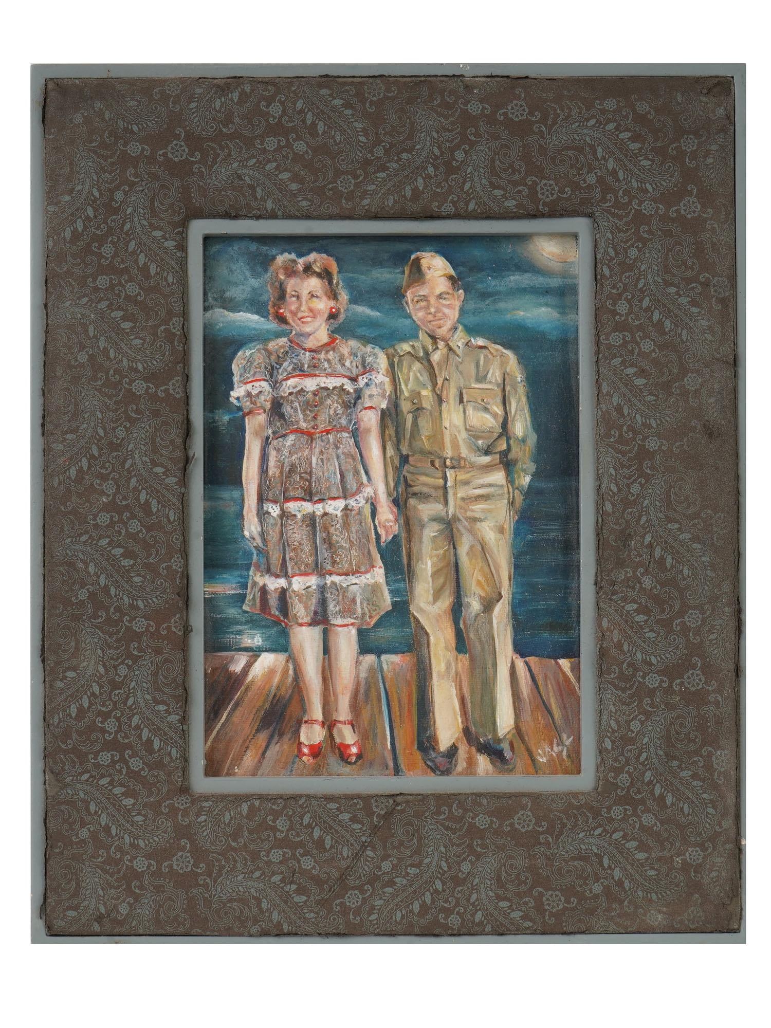 DOUBLE PORTRAIT MIXED MEDIA PAINTING SIGNED JASE: Mixed media painting on paper. A full-length double portrait of a soldier and his wife against a night-time seascape. Signed Jase lower right. Dated late 20th century. Framed. Collectible Fine Art, Po