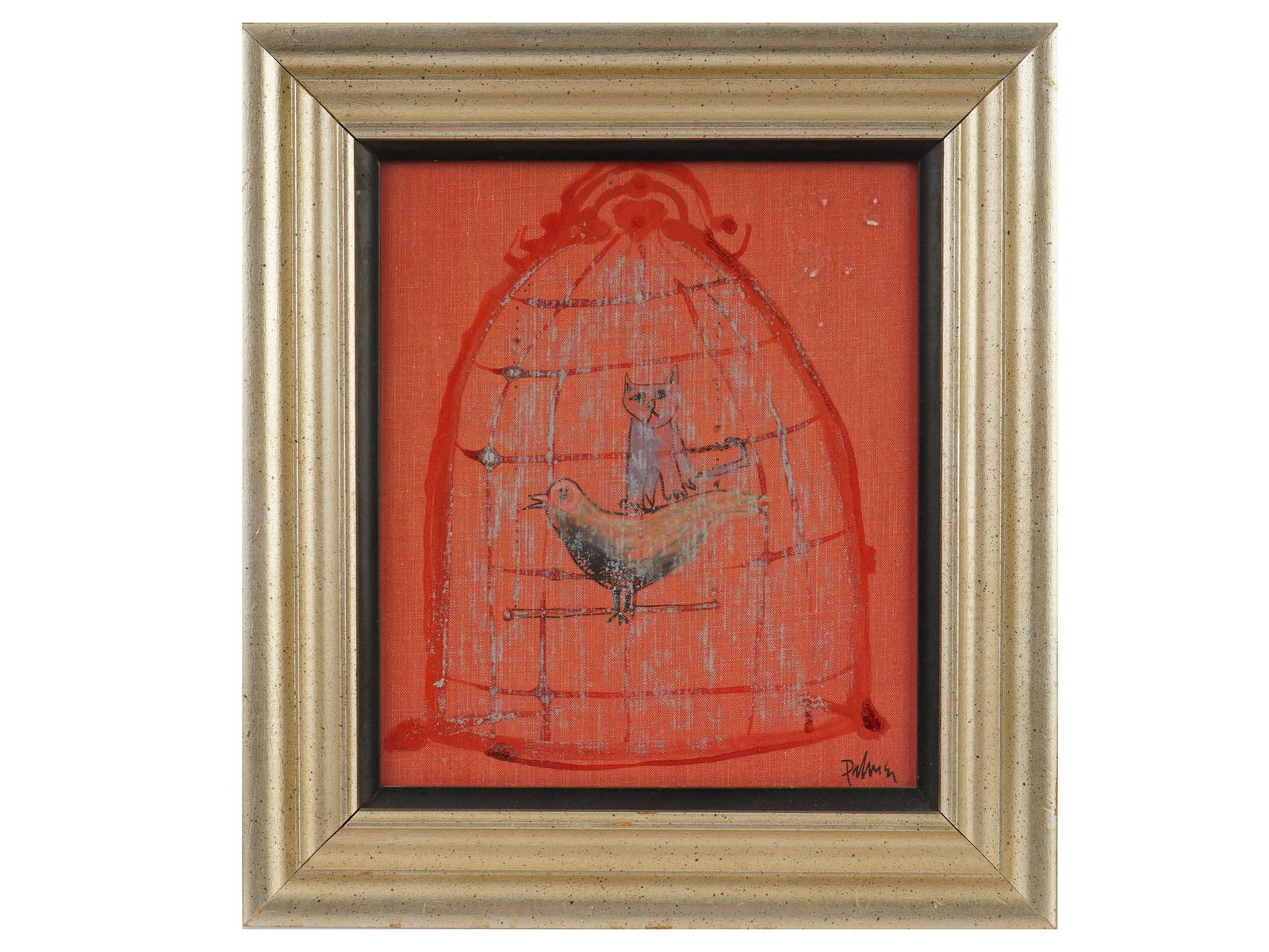 VINTAGE MIX MEDIA ON CANVAS PAINTING BY PALMER: A vintage mixed media on canvas painting by Palmer. The naive art painting depicts a cat with a bird in a cage on a red background. Signed lower right. Framed. Fine Art, Home Decor and Collectibles. T