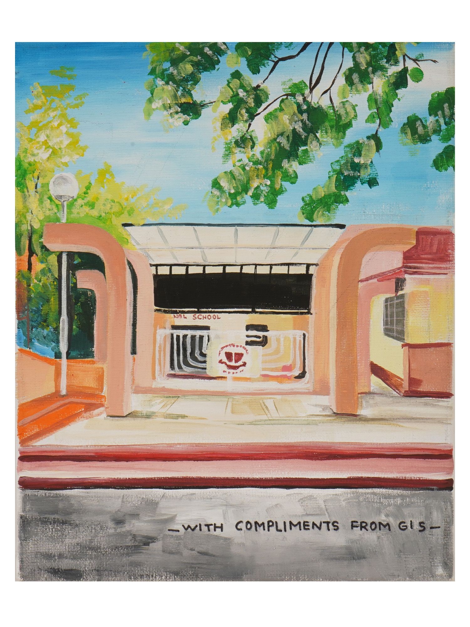 MODERN OIL PAINTING OF A STYLIZED ARCHITECTURAL SCENE: A modern oil painting on canvas depicting a stylized architectural scene with a modern pavilion or institutional building. The composition features bold curved arches, geometric forms, and lush greene