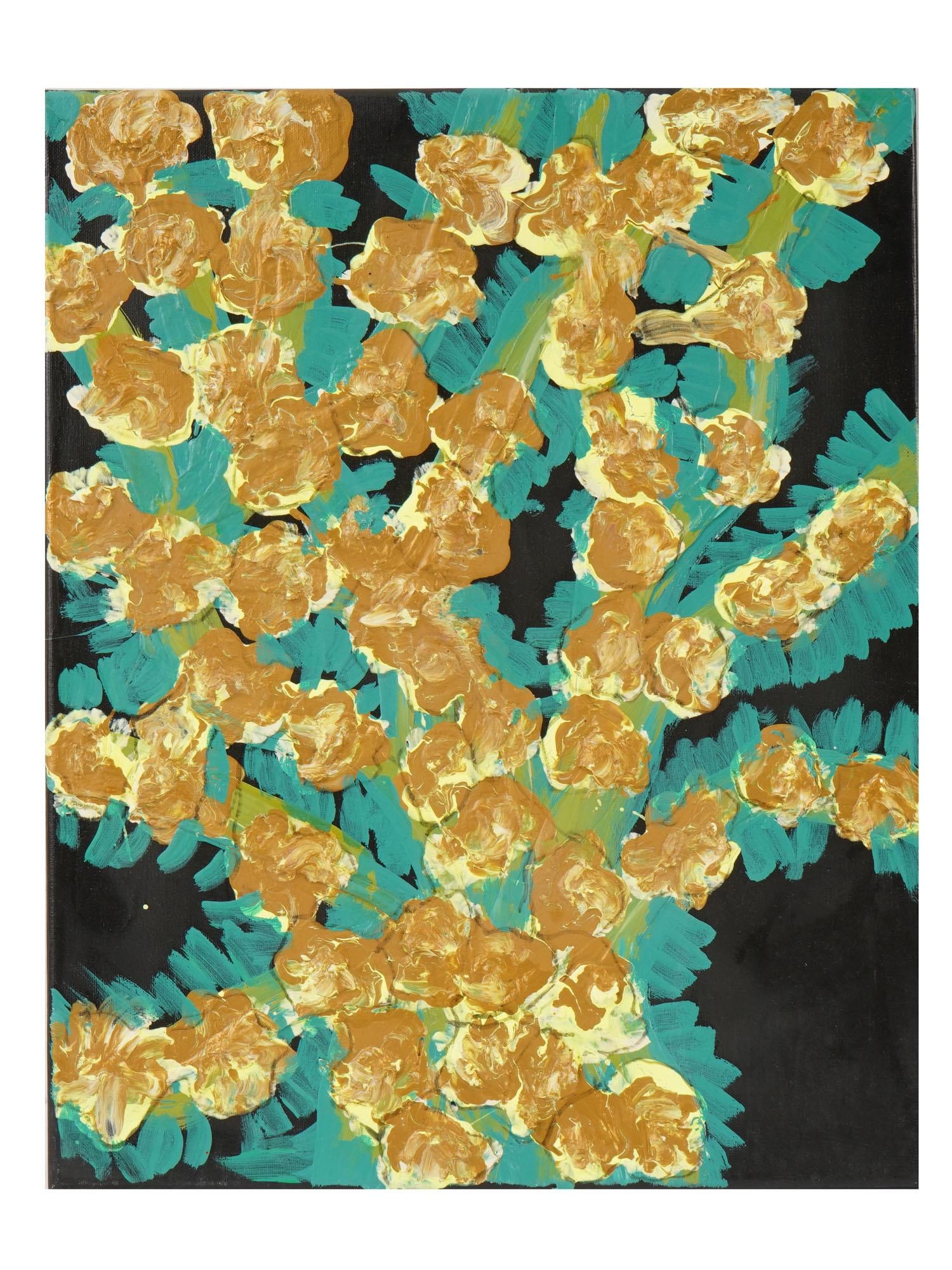MODERN ACRYLIC FLORAL PAINTING SIGNED M.G. ORTIZ: A modern acrylic painting on canvas depicting a floral arrangement. The composition features textured golden blossoms set against a dark background, accented by expressive green and turquoise foliage.