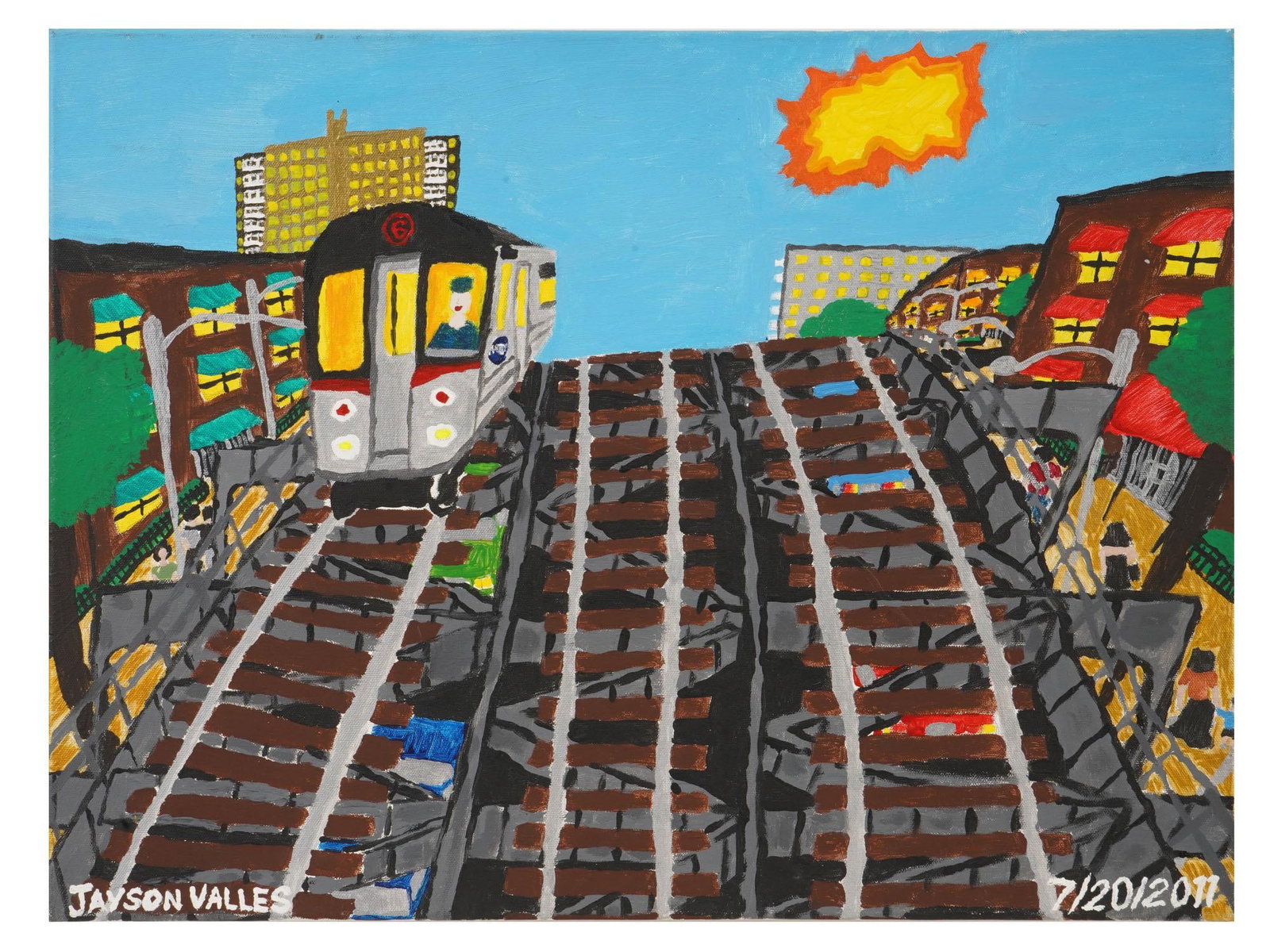 JAYSON VALLES AMERICAN CITYSCAPE ACRYLIC PAINTING: Jayson Valles, Puerto-Rican–American, born 1984, acrylic painting on canvas. The artwork depicts an overground subway passage. Cartoon-like pictorial manner. Signed lower left. Dated 7-20-2011 lower