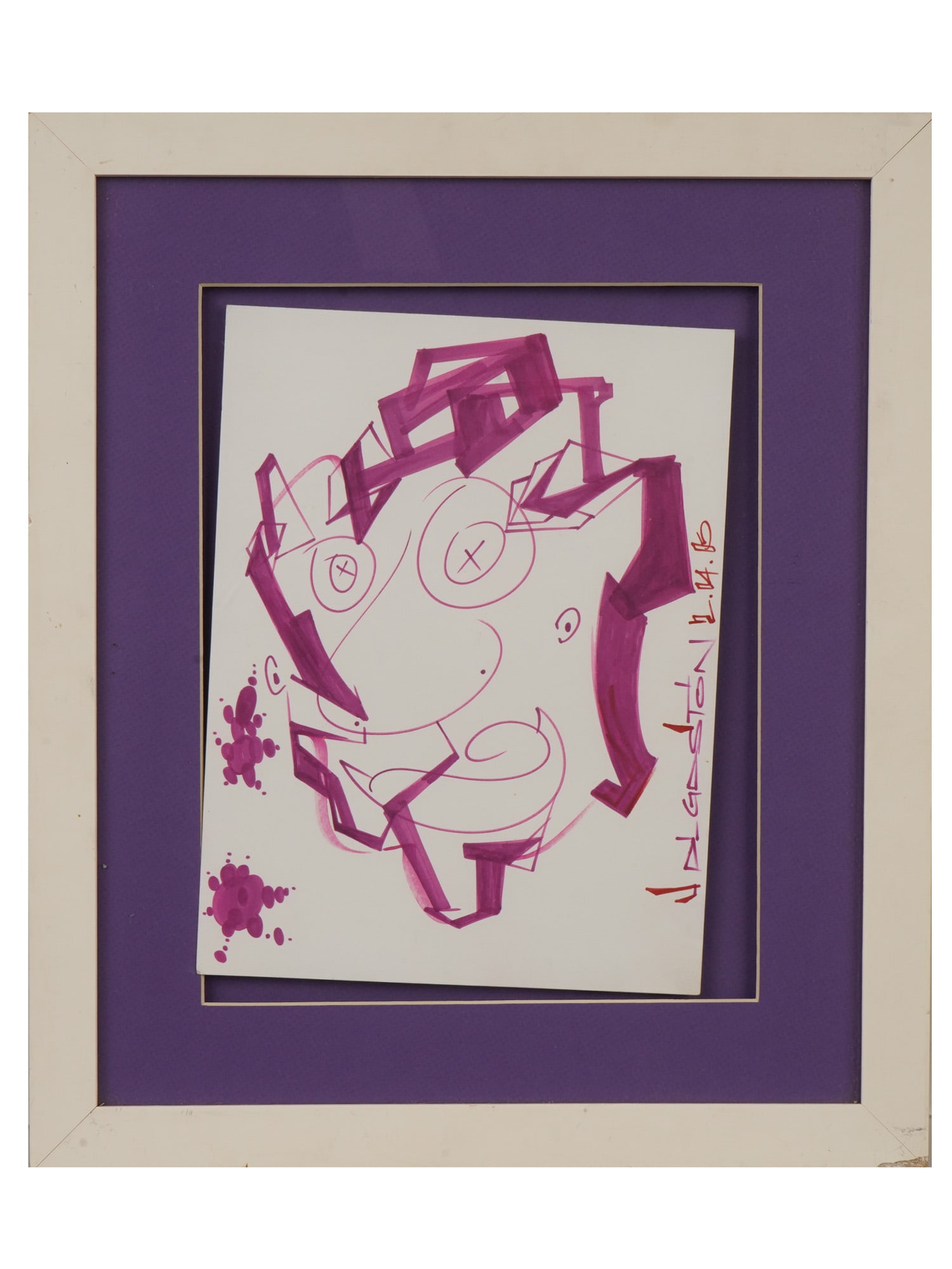 CONTEMPORARY GASTON LAGAFFE PORTRAIT MARKER PAINTING: A Contemporary marker painting on paper depicting a portrait of Gaston Lagaffe, a legendary Belgian gag a day comic strip character created in 1957 by the influential cartoonist Andre Franquin. Inscri