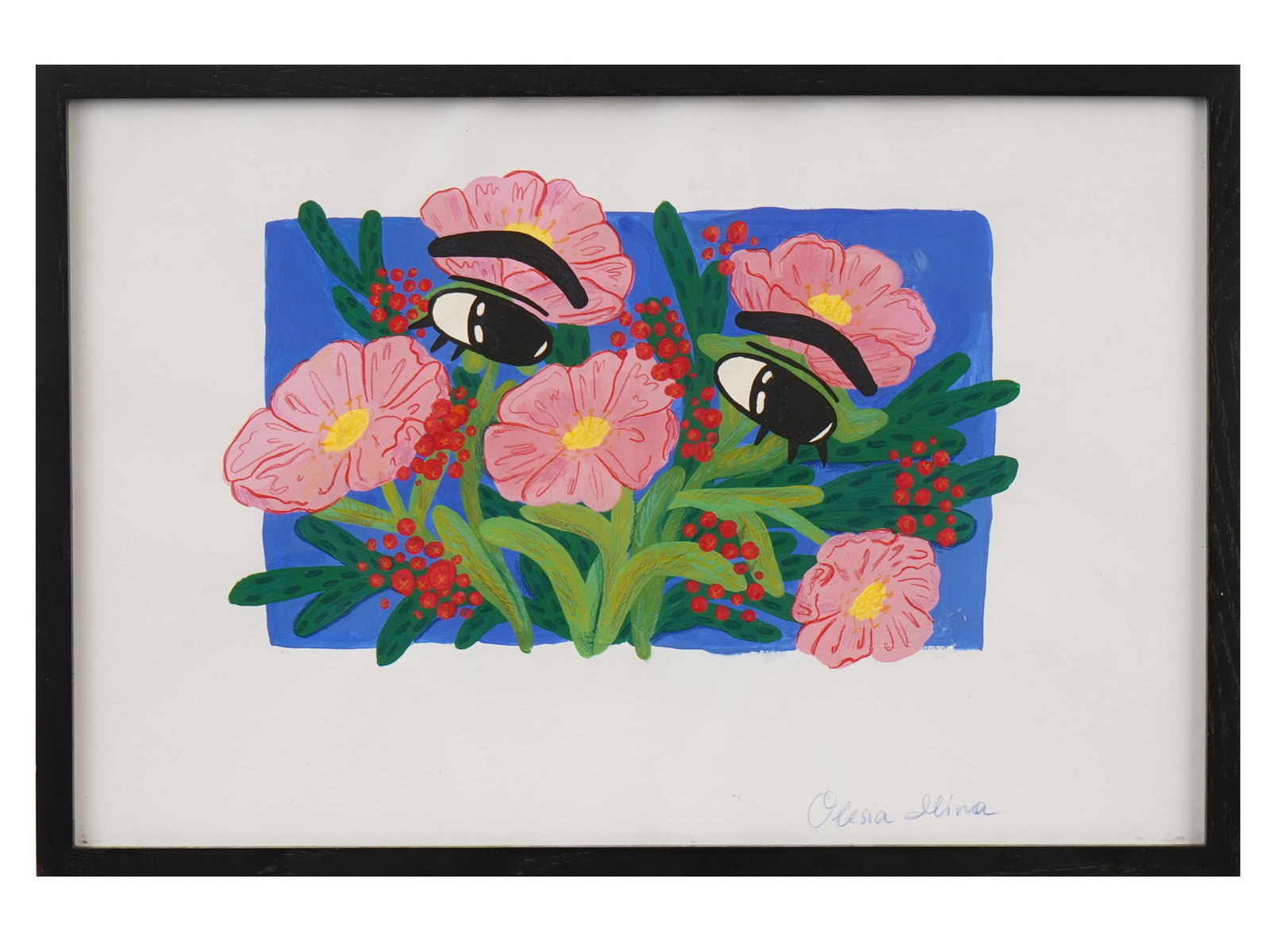 UKRAINIAN AMERICAN ACRYLIC PAINTING BY OLESIA ILINA: An acrylic on paper painting by Olesia Ilina, Ukrainian-born illustrator, artist, and graphic designer now based in New York. The painting depicts a cheerful, surreal composition with eyes among flowe