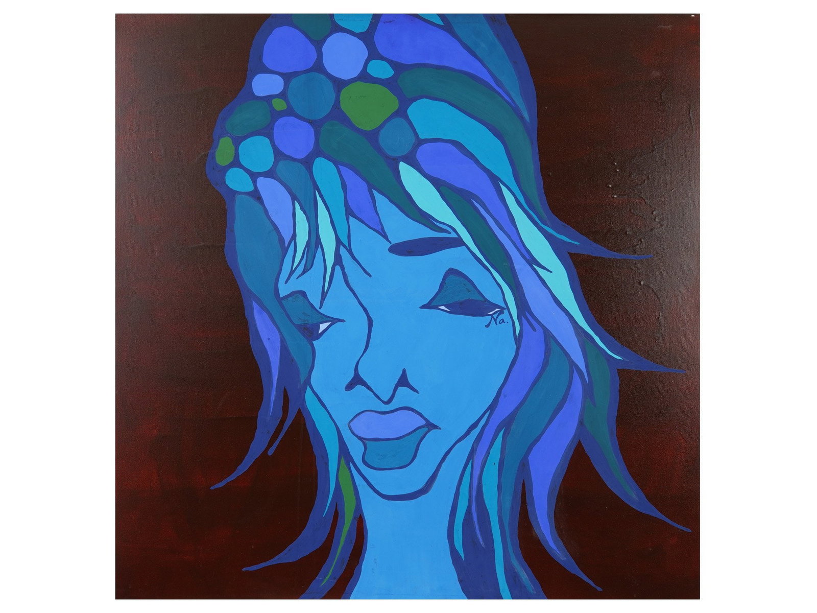 CONTEMPORARY OIL PORTRAIT PAINTING 2006: A contemporary oil on canvas portrait painting dated July 26, 2006, features a stylized female portrait rendered in a vibrant palette of blues, purples, and teals against a dark umber background. Sign