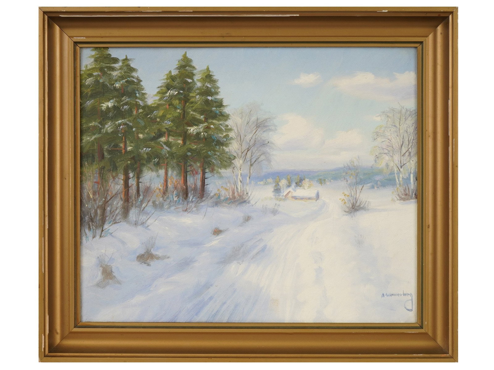 VINTAGE NORTH EUROPEAN OIL PAINTING BY A WENNERBERG: A vintage, mid 20th century, North European oil on canvas painting by A. Wennerberg. The painting depicts a serene winter landscape executed in an impressionistic style with a palette of cool blues, w
