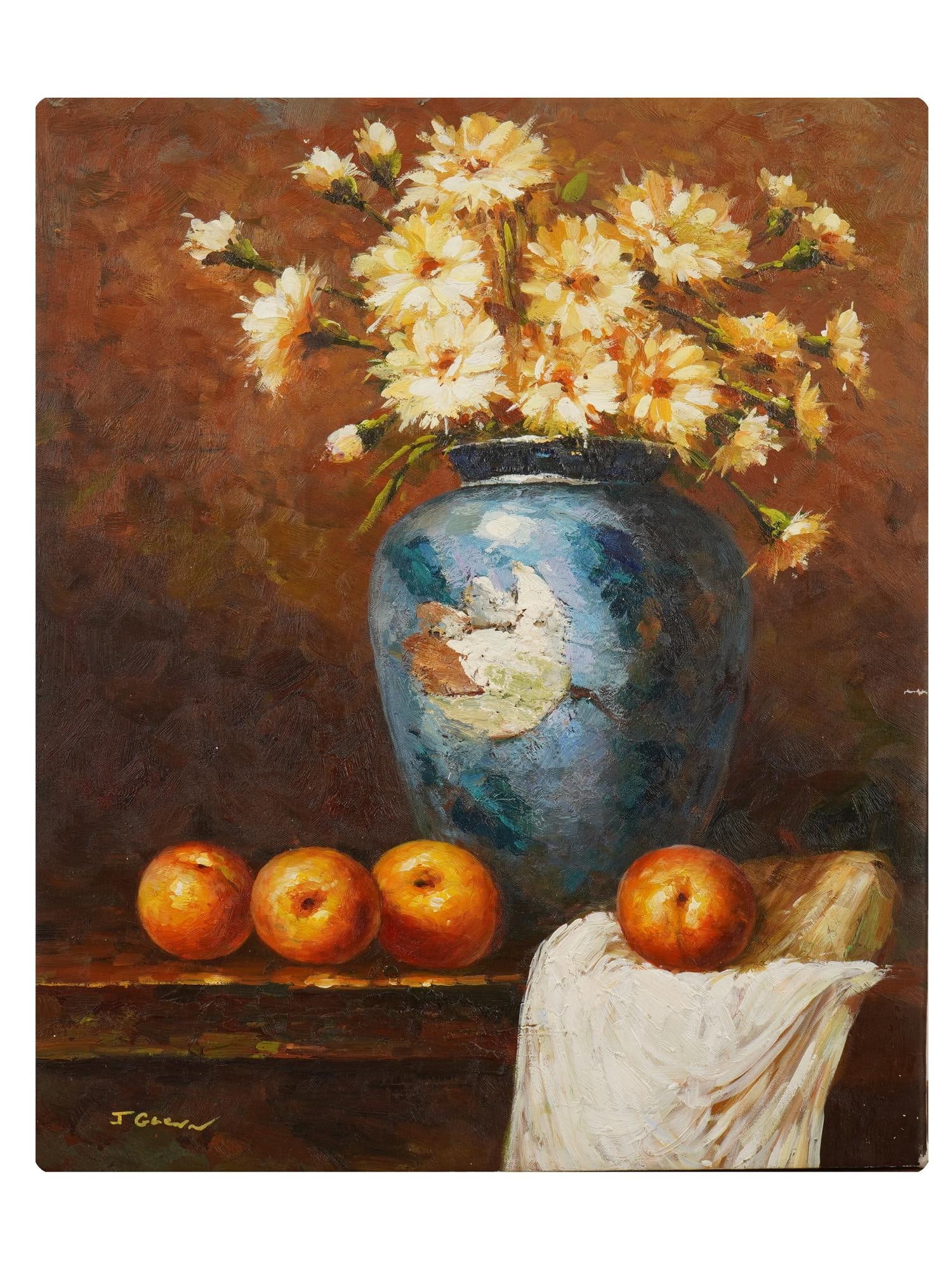 SIGNED OIL STILL LIFE FLOWERS W PEACHES PAINTING: A modern oil on canvas still life, flowers with peaches painting. Illegible signature lower left, presumably, J. Green. The painting depicts an arrangement of white flowers in a decorative blue cerami