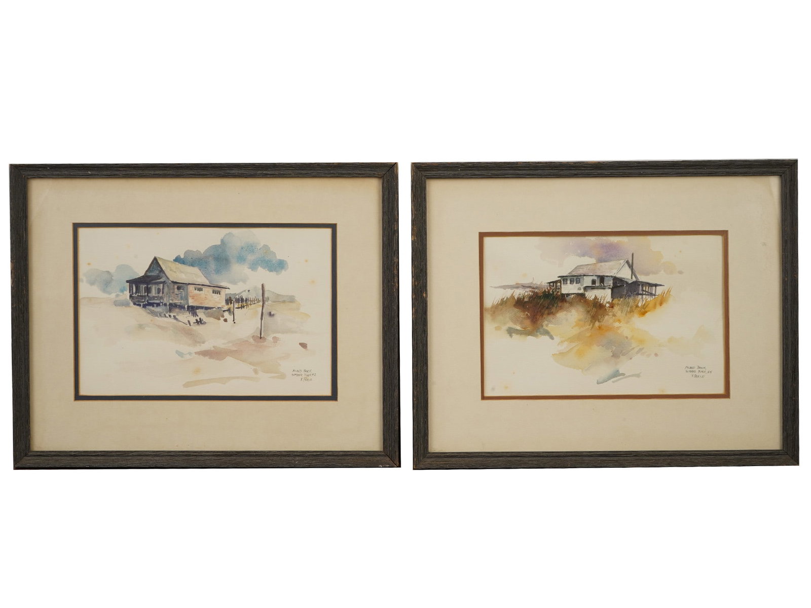 MID CENTURY PAINTINGS BY HERB JONES COASTAL LANDSCAPES: A pair of mid-century watercolor paintings by Herb Jones, American, 1923 to 1998. Titled Island Beach, Summer Place #2 and #4. Depict rustic beach cottages nestled among sand dunes. Coastal landscapes