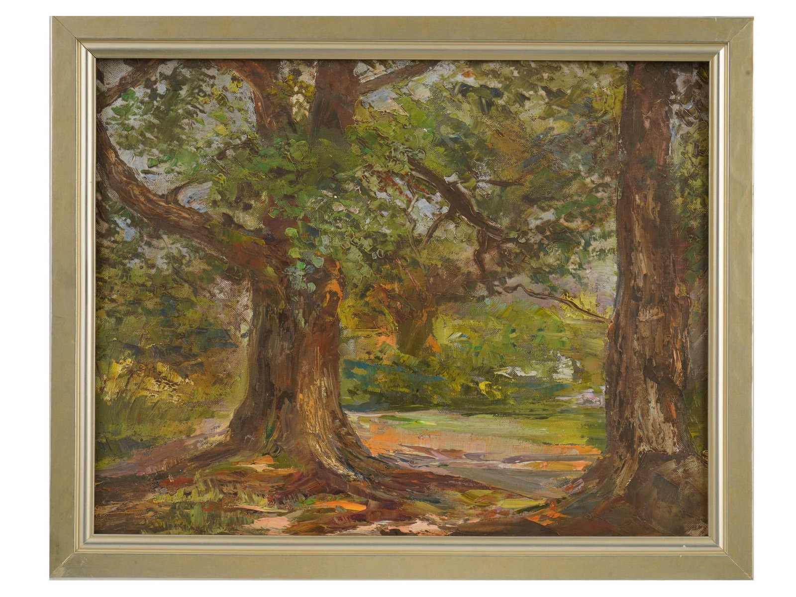 MODERNIST POST IMPRESSIONIST LANDSCAPE OIL PAINTING: A Modernist oil painting on canvas depicting a forest landscape in the Post Impressionist manner. Framed. Inscribed, probably Steven Harris, on the backside. Modernist and Contemporary Fine Art, Lands