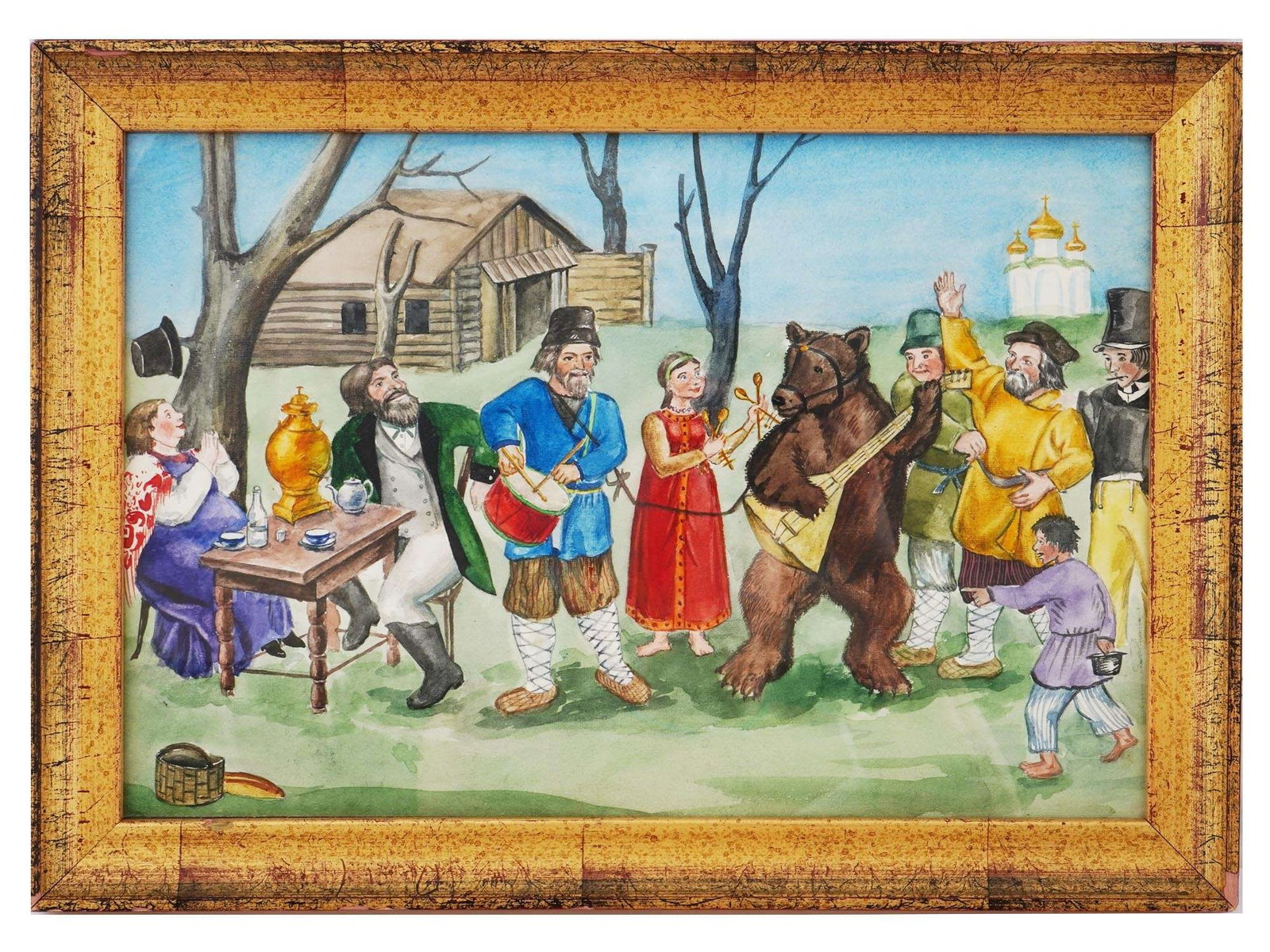 RUSSIAN FOLK ART RURAL SCENE WATERCOLOR PAINTING: A Russian watercolor painting on paper depicting a Folk Art rural scene with villagers and a bear playing musical instruments. Inscribed, From Russia with Love, probably signed and dated 1989, on the 