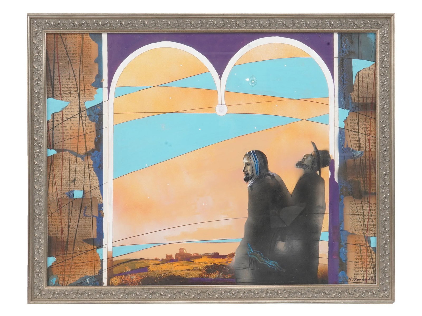 HOLY LAND COLLAGE PAINTING BY VLADIMIR UMANSKY: Vladimir Umansky, Russian, b. 1948, mixed media collage painting depicting two Jewish men. Titled Holy Land on verso. Signed by the artist lower right. Vladimir Umansky graduated from Repin Institute 
