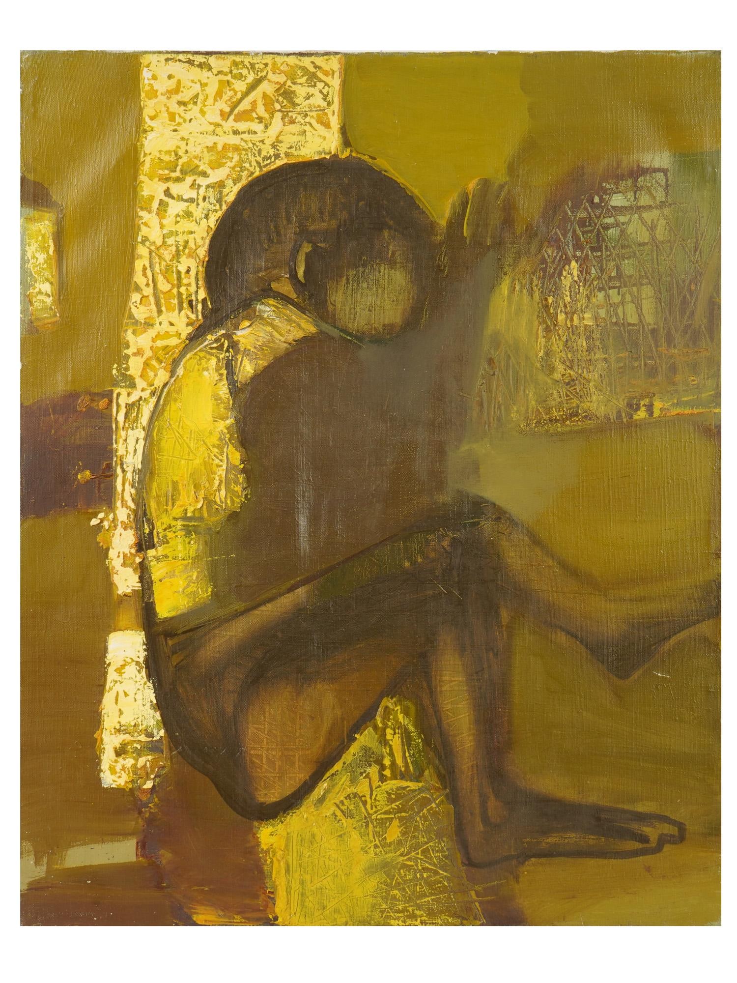 VINTAGE RUSSIAN OIL PAINTING BY VLADIMIR FUFACHEV 1998: A vintage Russian oil on canvas painting by Vladimir Fufachev. The painting depicts a child sleeping in a strip of moonlight and is executed in ochre, umber and gold. Signed, titled Worship of the Moo