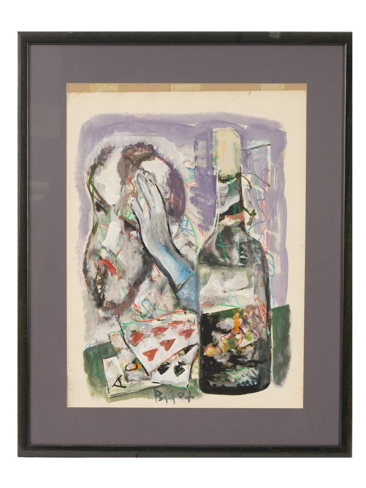 VINTAGE RUSSIAN AVANT GARDE WATERCOLOR PAINTING: A vintage Russian avant-garde watercolor on paper painting . The painting depicts an intricate composition with playing cards, a bottle, and a male portrait. An illegible signature is located in the c