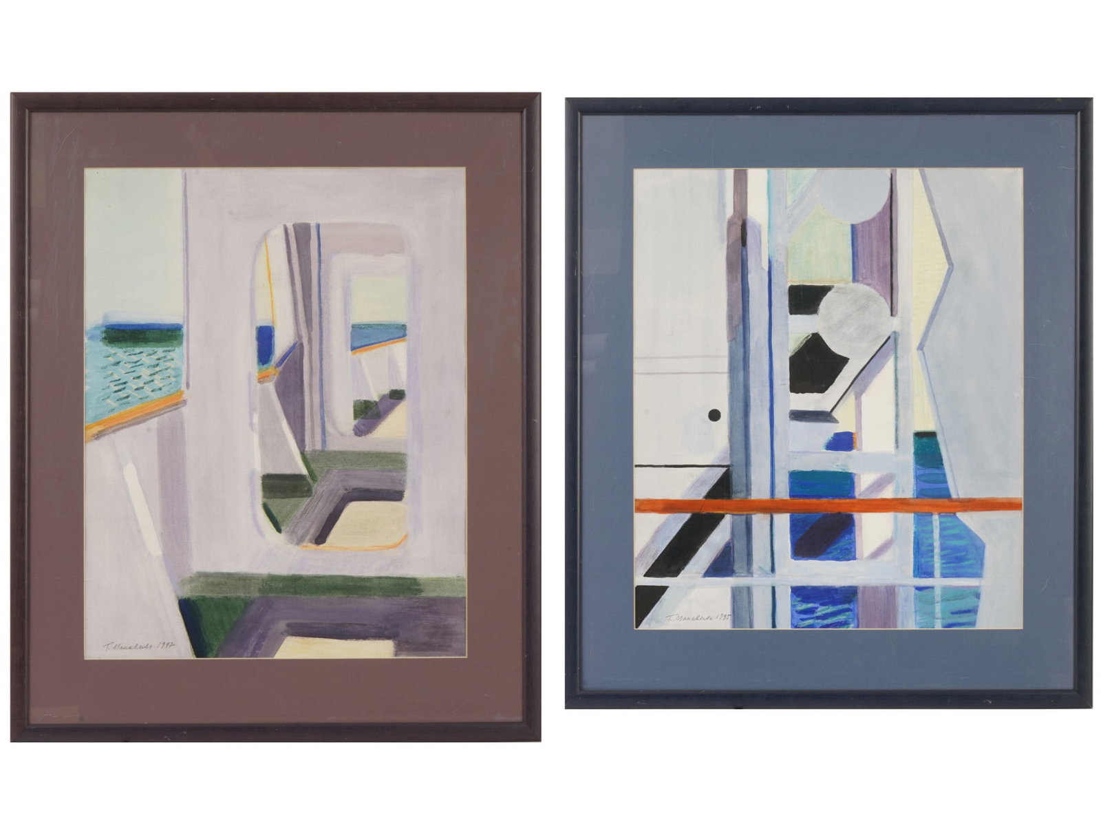 RUSSIAN WATERCOLOR PAINTINGS BY G MAKAVEEVA 1990S: A lot of two modern Russian watercolor paintings on paper depicting abstract compositions. Both are signed G. Makaveeva and dated 1995 and 1997 lower left. The artworks are characterized by a dynamic 