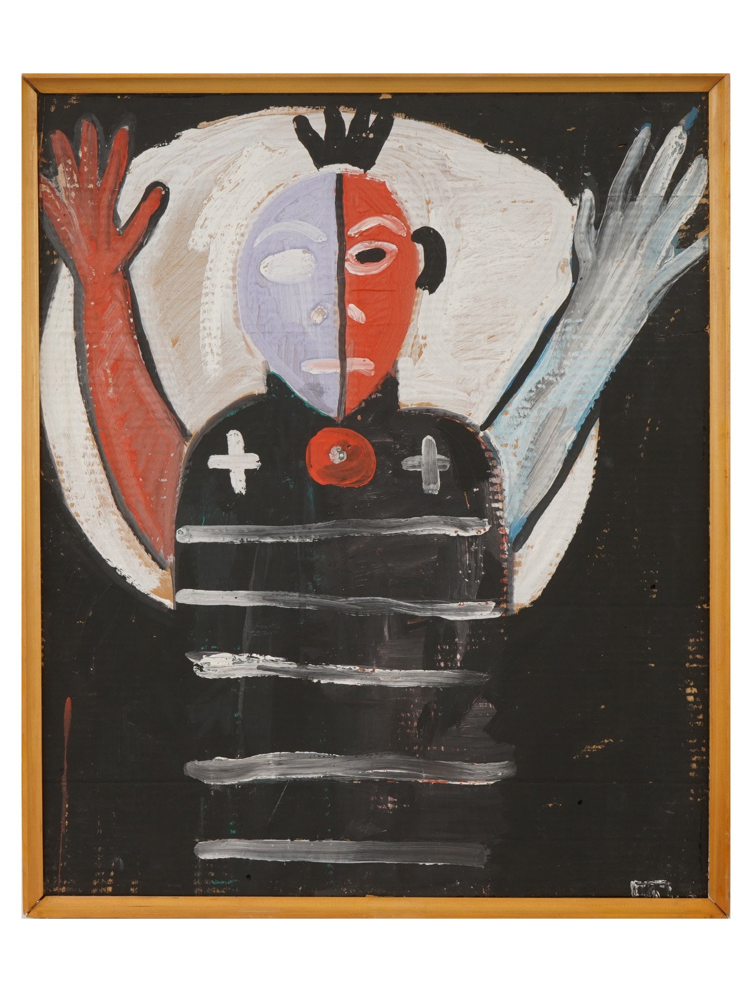 RUSSIAN EXPRESSIONIST GOUACHE PAINTING BY G GHARIBYAN: A vintage Russian gouache on cardboard painting by G. Gharibyan. The Expressionist painting depicts a stylized humanoid figure with a bifurcated face in white and red, wearing a striped garment adorne